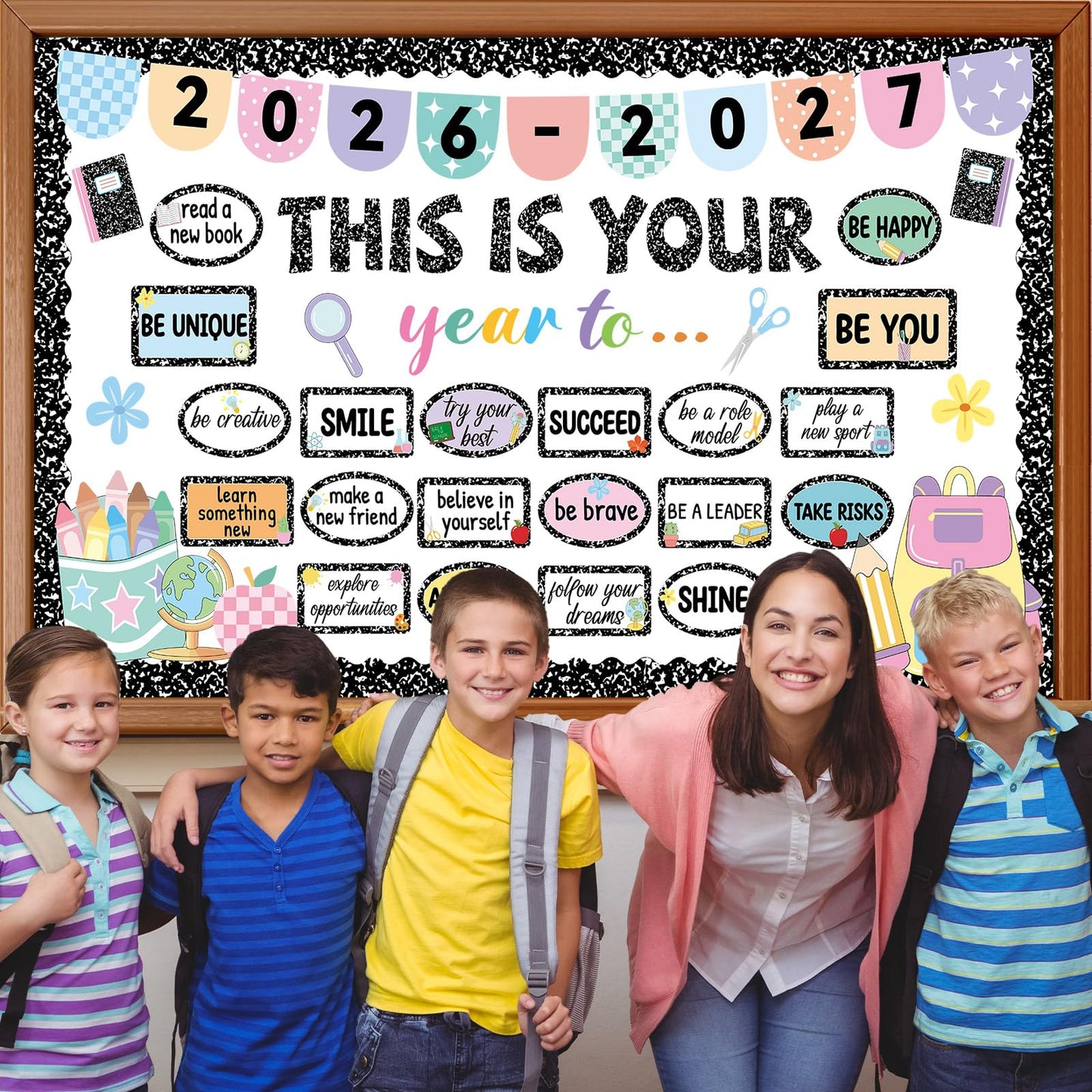 This is Your Year Bulletin Board Set Composition Notebook Classroom Decoration Inspirational Positive Affirmation Cutouts Welcome Back to School Bulletin Board for Office Chalkboard Wall Supplies