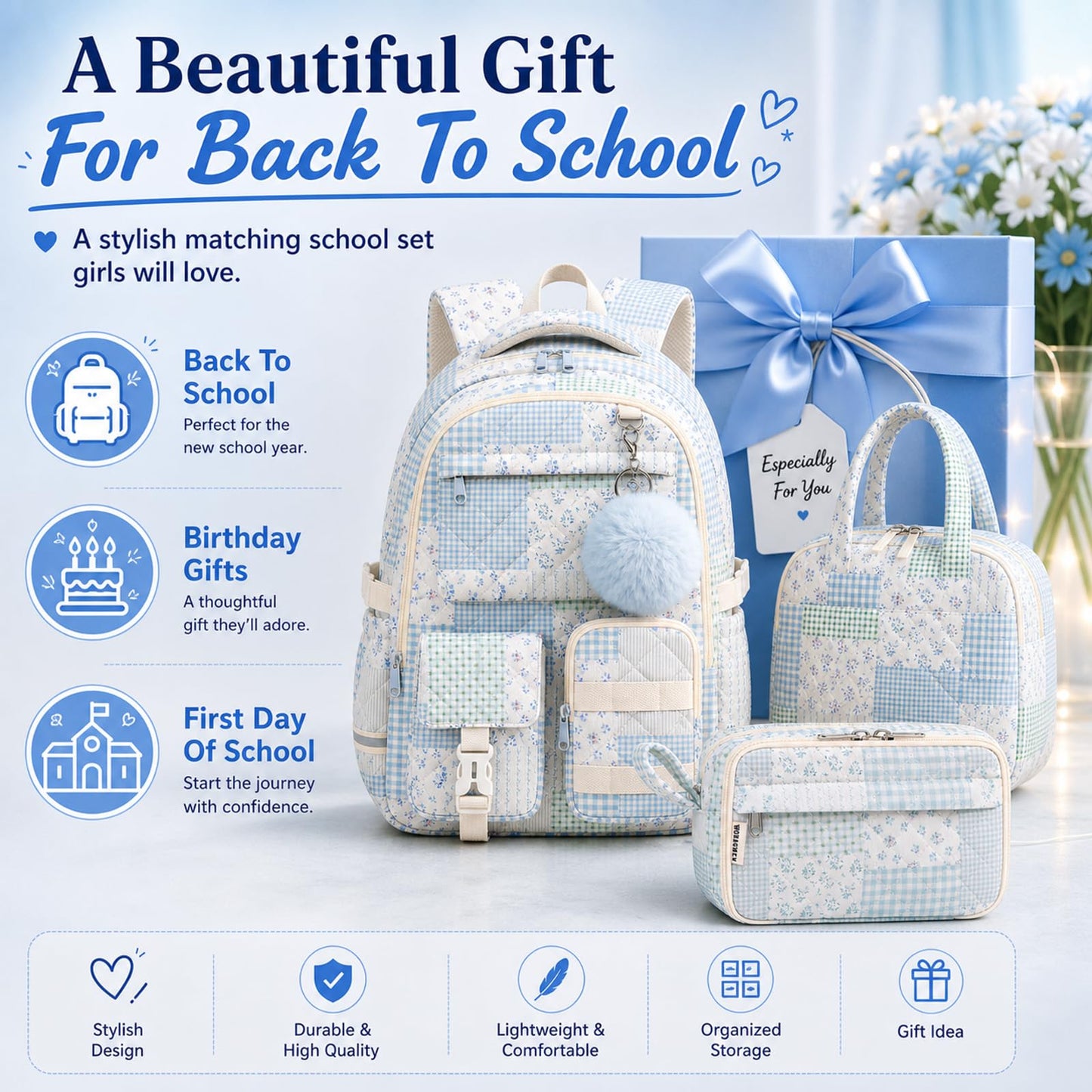 WOBAGMEN 3Pcs Quilted Backpack Set For Girls, Cute Floral School Backpack with Insulated Lunch Bag & Pencil Case, Aesthetic Bookbag Set For Teens College Students, Back To School（Green Blue Patchwork）