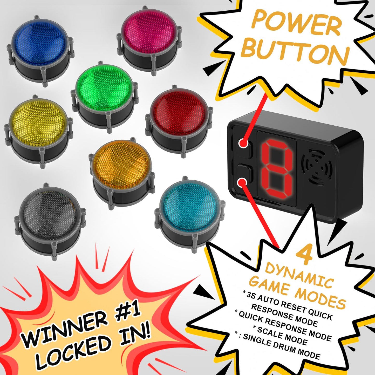 Buzzers for Trivia Games, Rechargeable Answer Buzzers for Classroom with Light, Show Who Buzzed First, 3-Second Auto Reset Buzzer System for Game Show, School, Jeopardy, Family Feud Night (8 Colors)