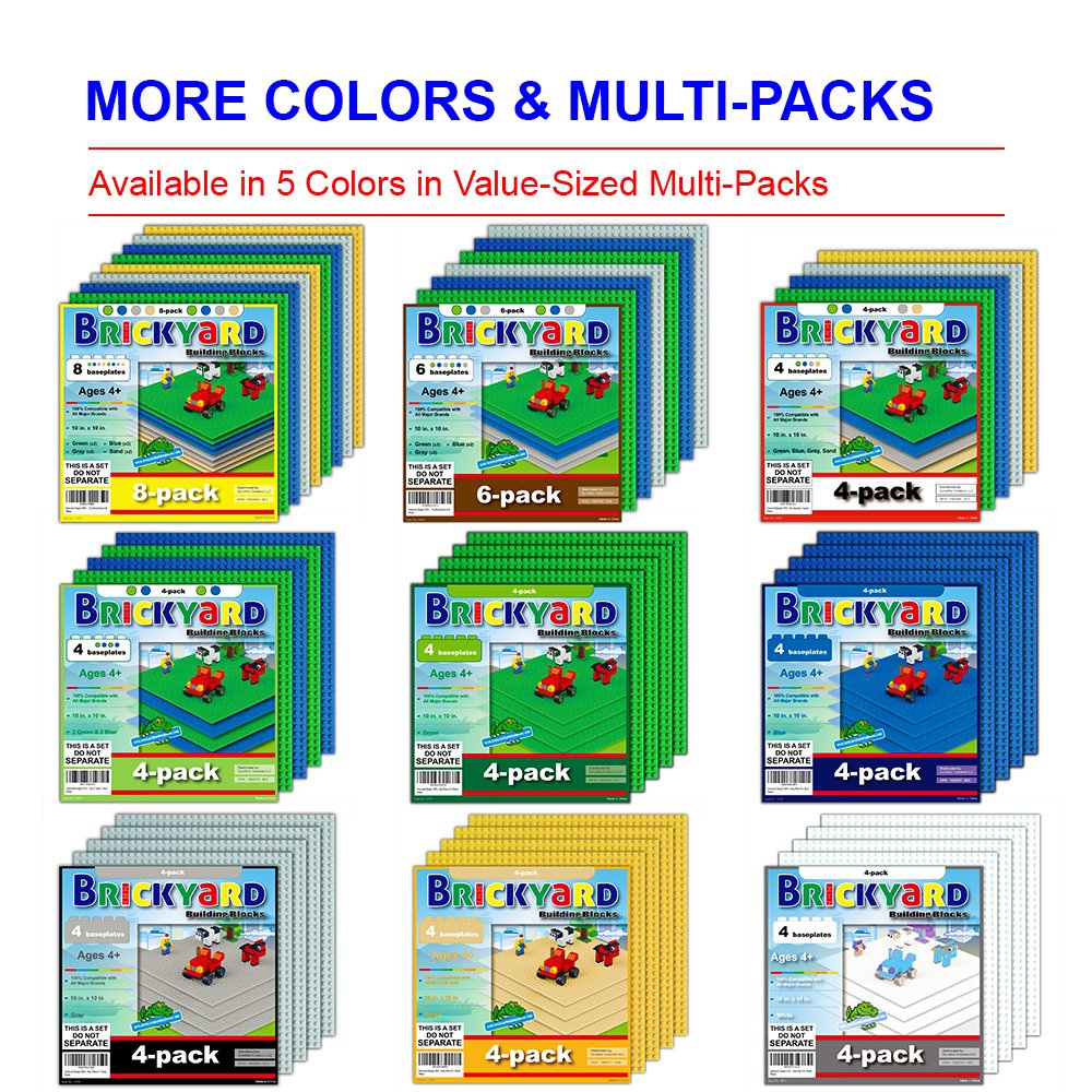 Brickyard Building Blocks Lego Compatible Baseplate - Pack of 4 Large 10 x 10 Inch Base Plates for Toy Bricks, STEM Activities & Display Table - Green, Blue, Gray, Sand