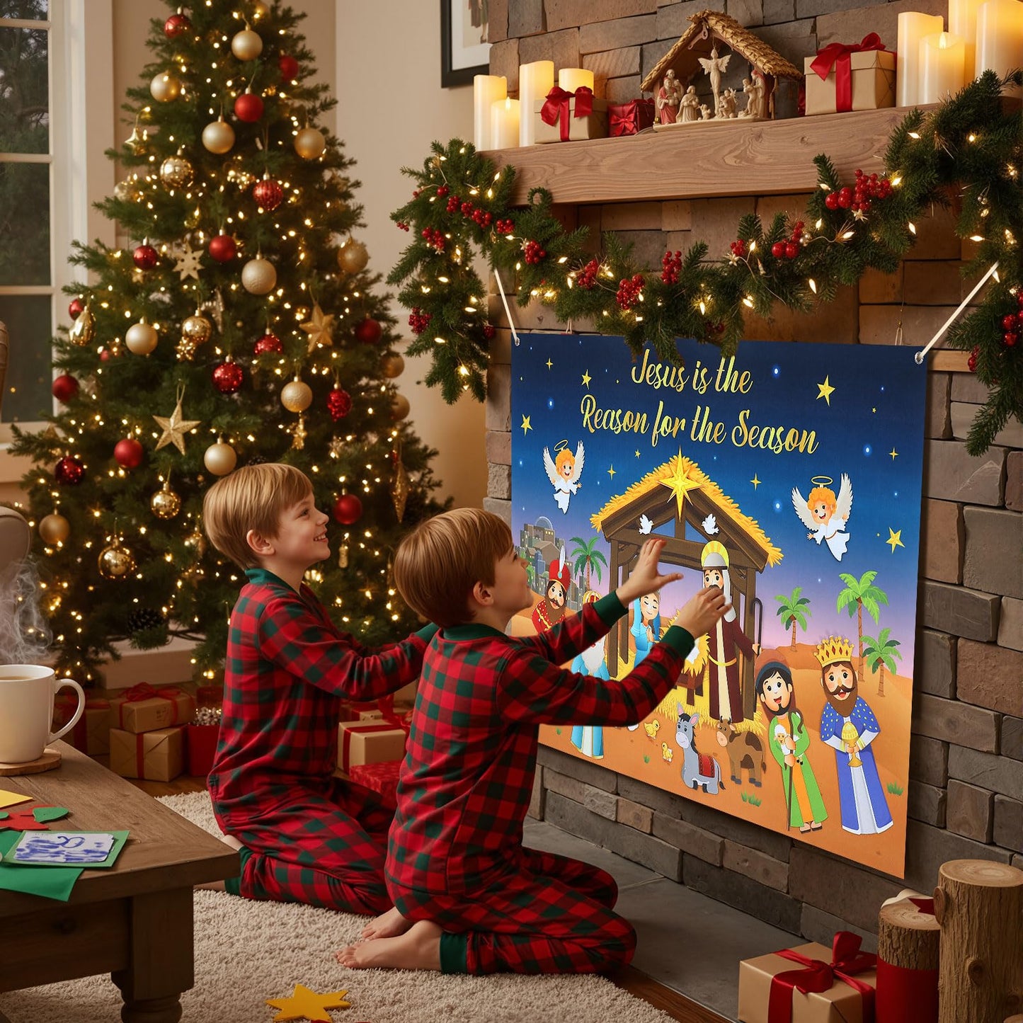Tiamon Felt Christmas Tree for Kids Nativity Story Board Set Advent DIY Religious Nativity Scene with 17 Pcs Detachable Wall Ornaments Felt Board Craft Gift for Toddler Classroom Door Wall Decor