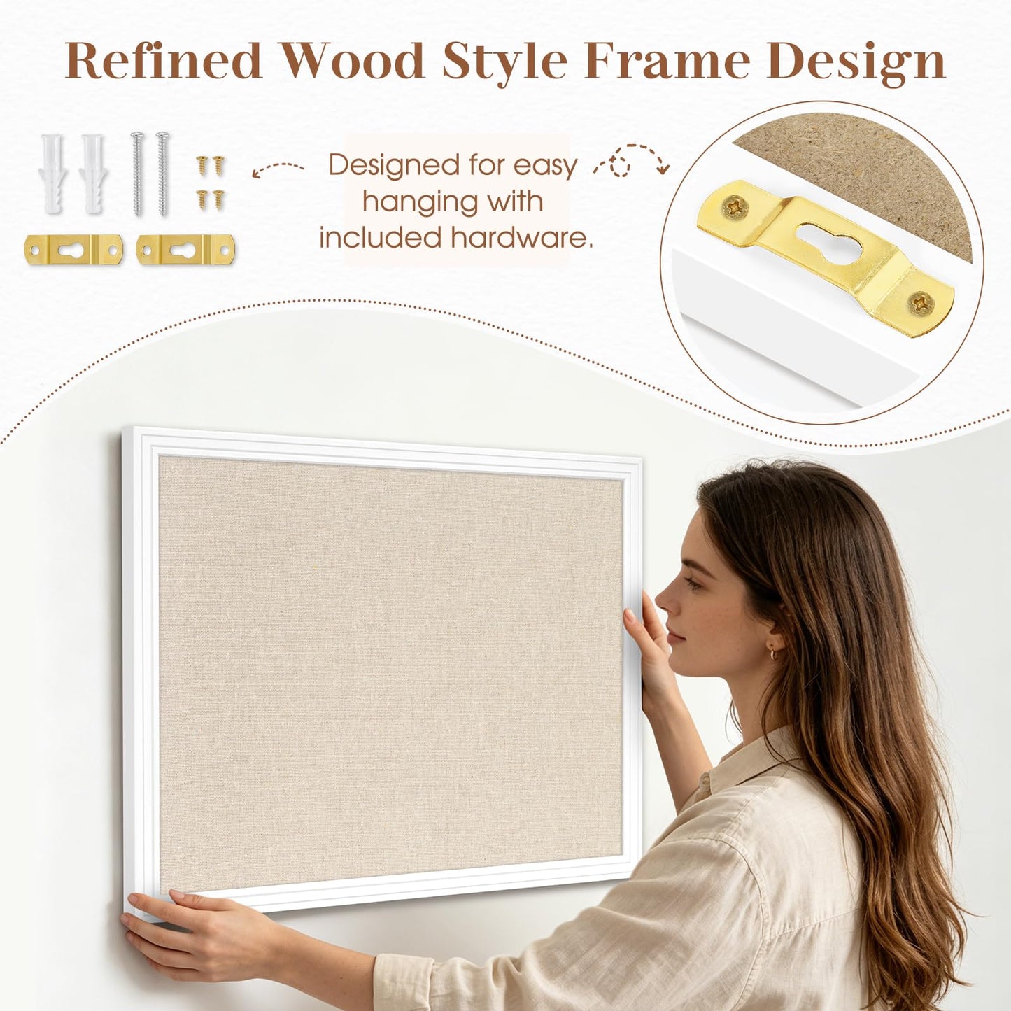 DOLLAR BOSS Linen Bulletin Board 36" x 24", Decorative Cork Boards for Walls with White Wood Frame, Premium Fabric Pin Board for Office, Home & School Room Decor, White