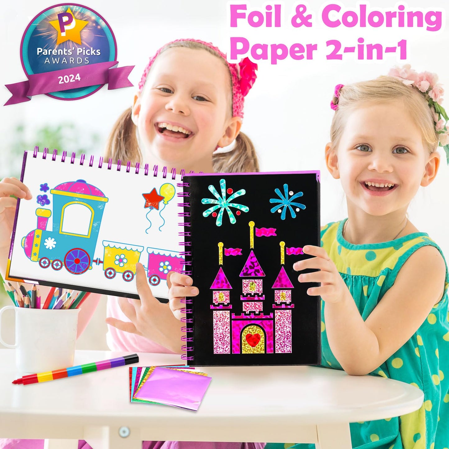 FUNNYB&G Foil Art Craft Kit for Girls 4-10 Years Old: Mess-Free & No-Glue, Create 16 Sparkly Amusement Park Pictures – Perfect Travel Toy & Birthday Gift for Kids （Amusement Park）