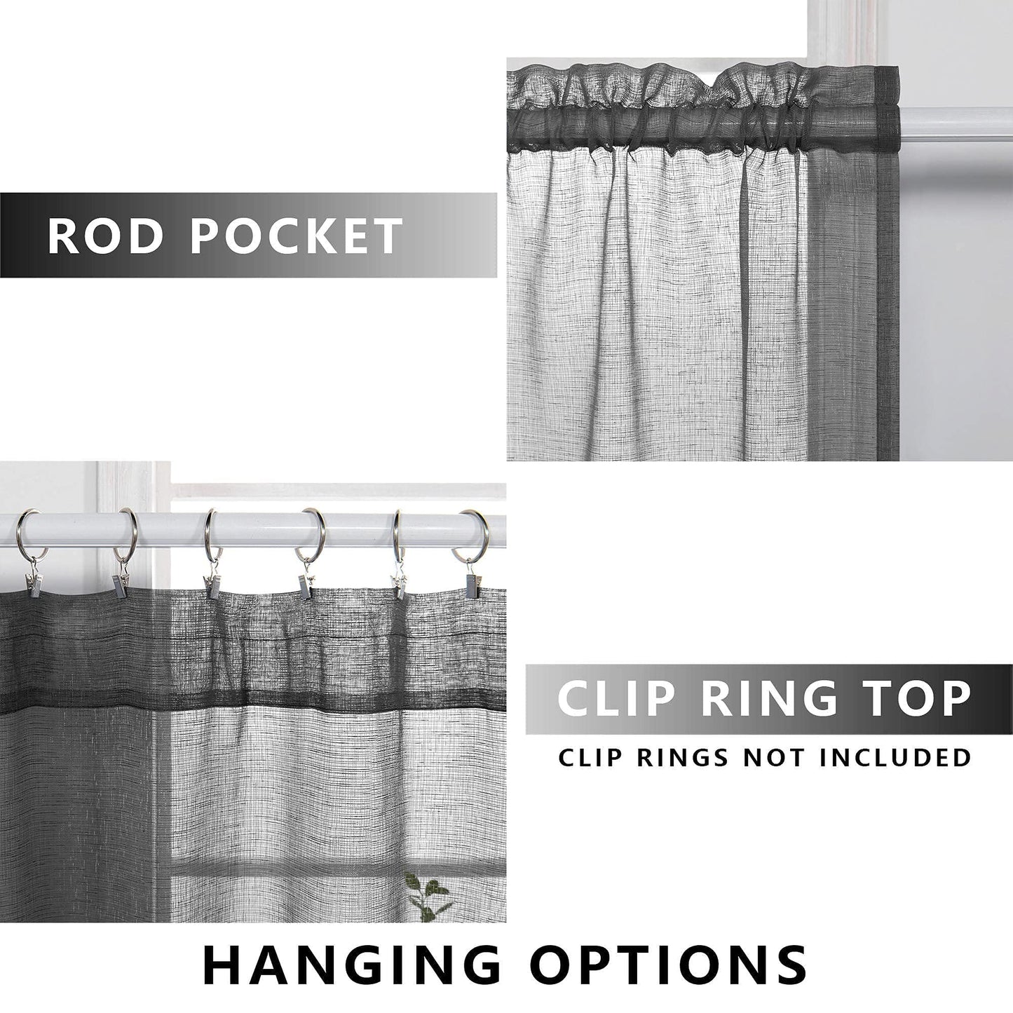 KOUFALL Dark Grey Curtains for Bedroom Living Room,Sheer Linen Look Gray Charcoal Curtains,96 Inches Long 2 Panel Set