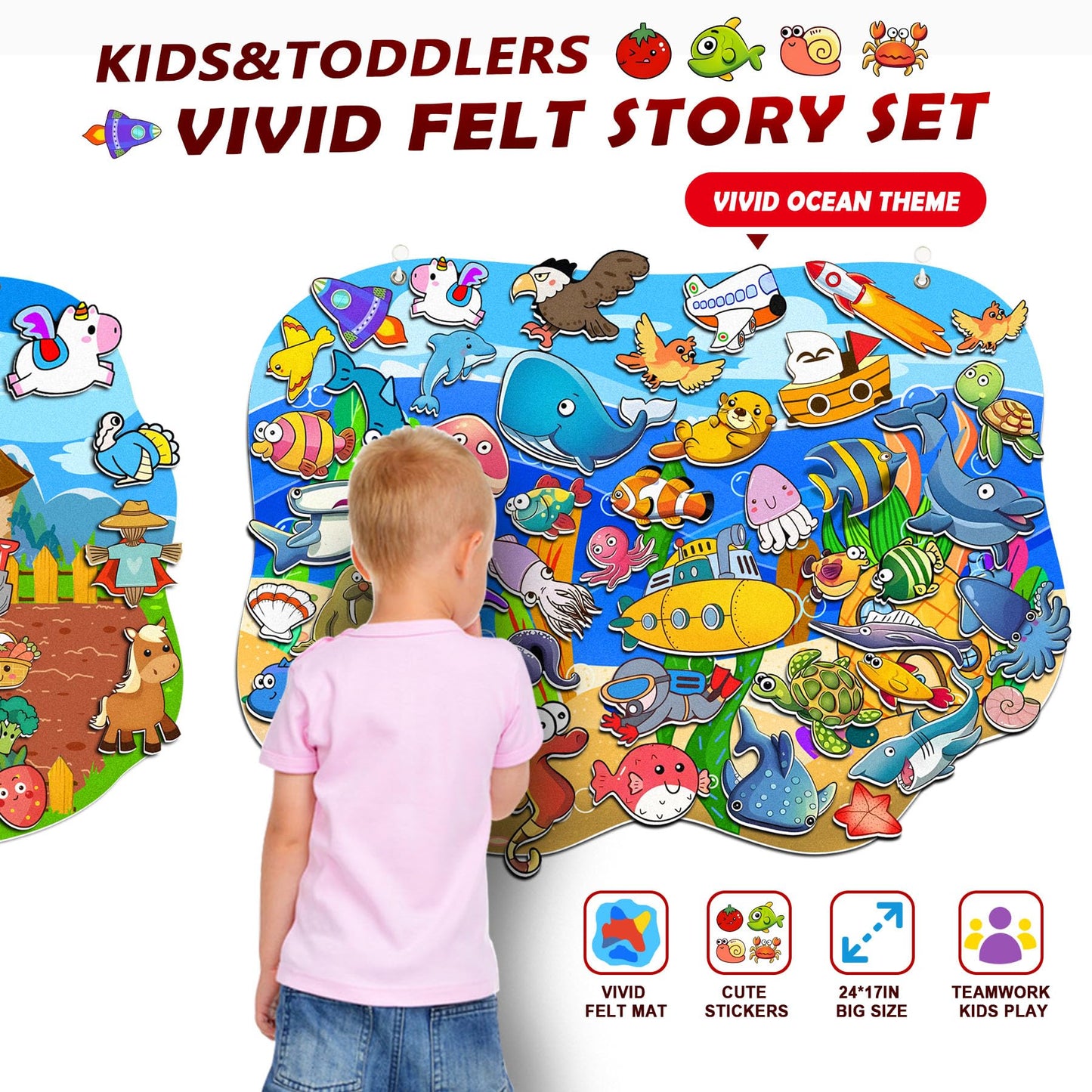 SKOLESK Felt Story Board Set Flannel Board 75 Pcs Preschool Learning Ocean Themed Toy Interactive Storytelling Teaching Play Activity Kits for Toddlers Kids