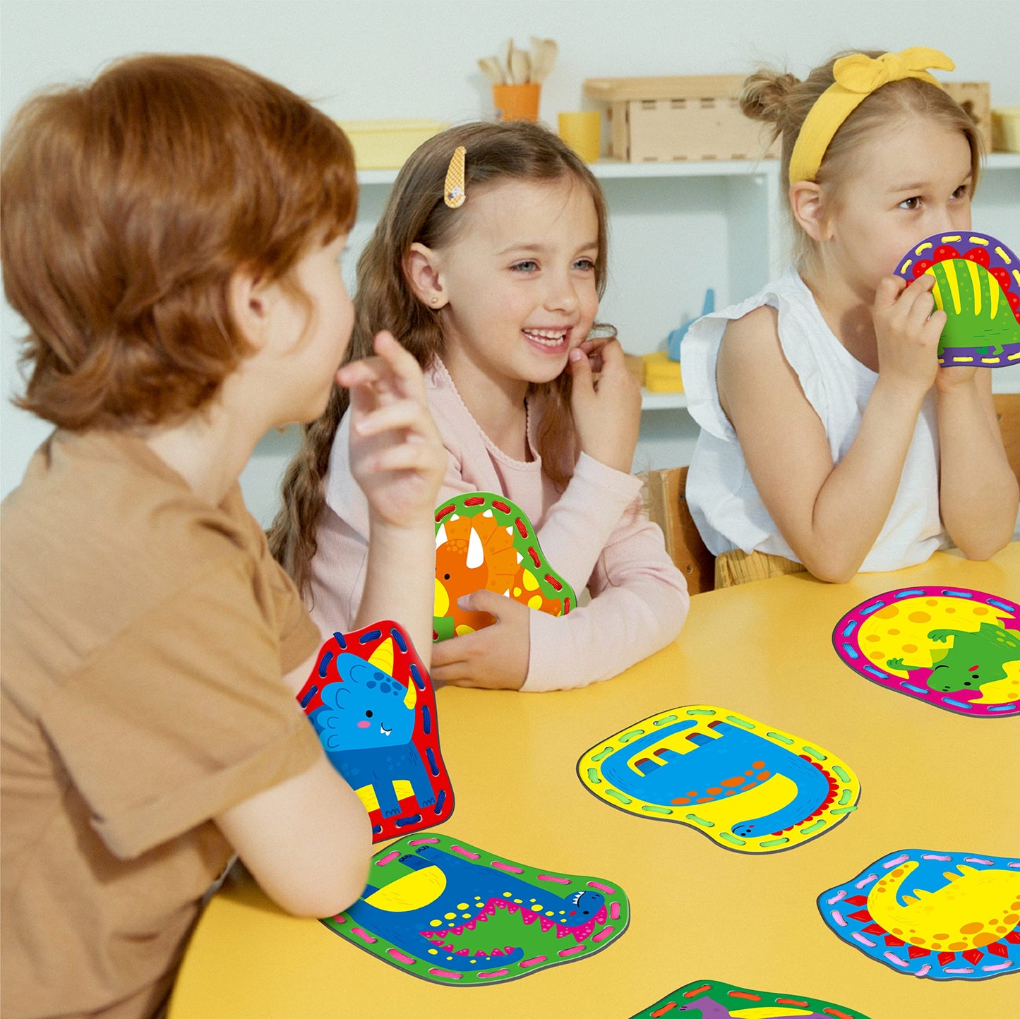 SpriteGru 9 Pieces Kids Lacing Cards, Double Sided Sewing Cards in 9 Dinosaurs with 9 Colorful Laces, Imagination Development Lacing Toys Games for Children Educational and Learning Activity