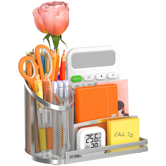 OrgMate 3 Compartment Pen Holder with Vertical Mail Organizer and Flower Tube, Metal Mesh Desk Organizer Modern Decor Aesthetic-Paper Letter Sorter Ideal for Pencil,Envelope and File(Silver)