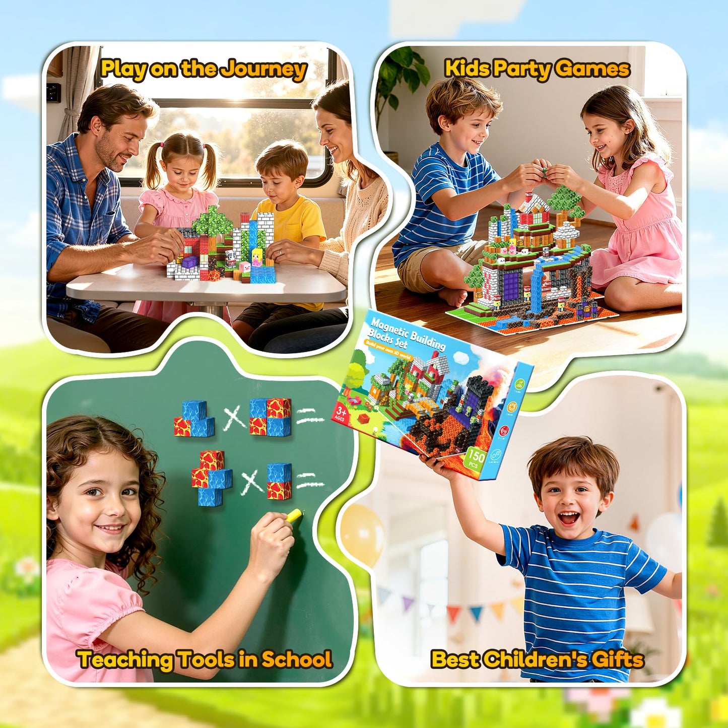 150PCS Magnetic Building Blocks - 6 Big Magnetic Base Building STEM Toys, Magnet Cube Game for Kids, Build Mine Castle Volcano World for Boys Girls Age 3-5 4-8 8-12, Sensory Outdoor Travel Toys Gifts