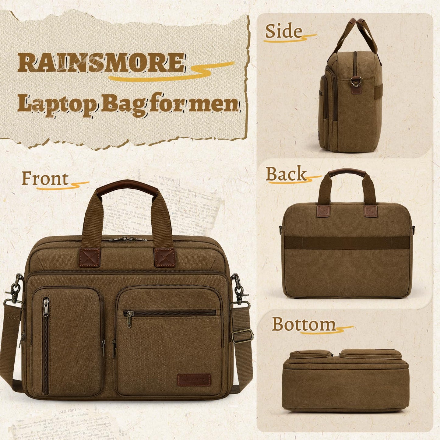 Mens Laptop Messenger Bag 15.6 Inch Canvas Briefcase Waterproof Vintage Computer Bag Shoulder Bag Satchel Bags for Work College Travel