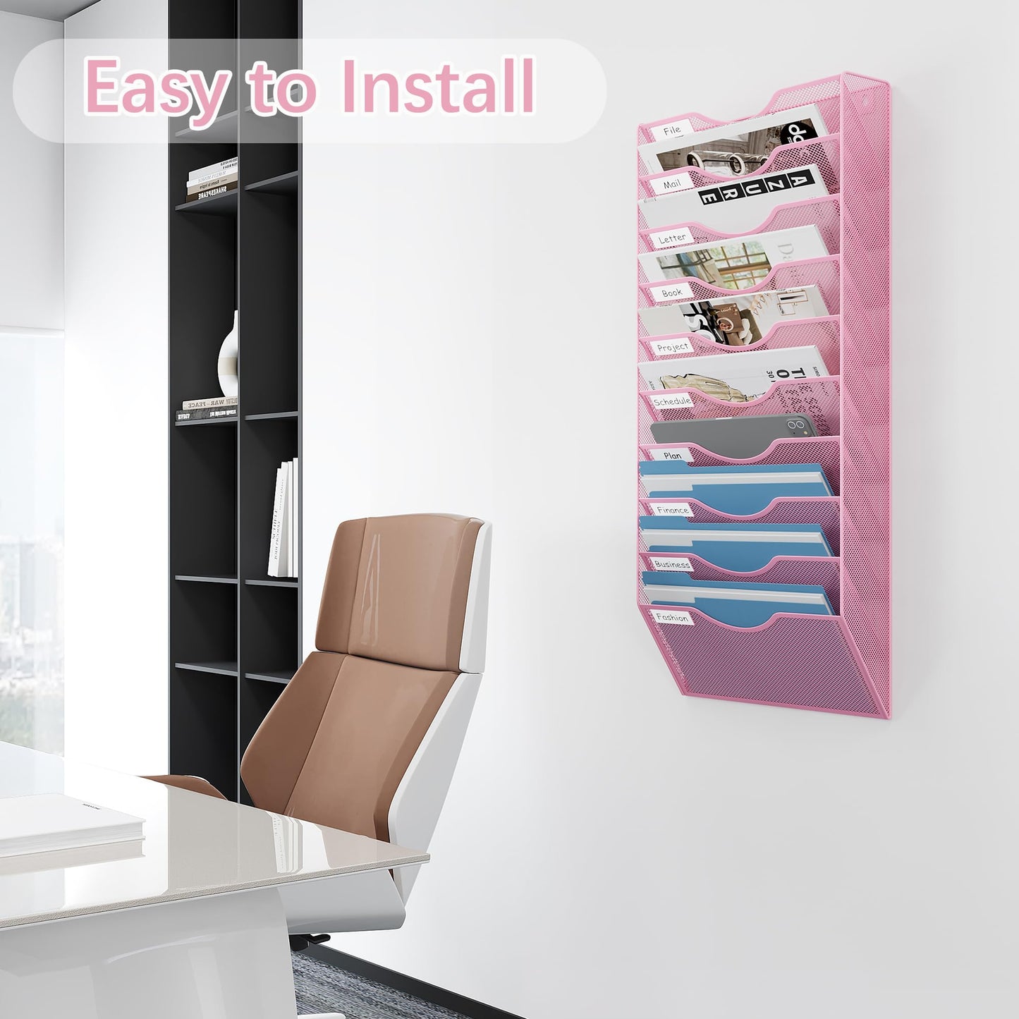EasyPAG 10 Pocket Mesh Wall File Organizer, Hanging Paper Folder Holder with Classify Label, Vertical Wall Mount Mail Organizer for Office Home Classroom, Pink