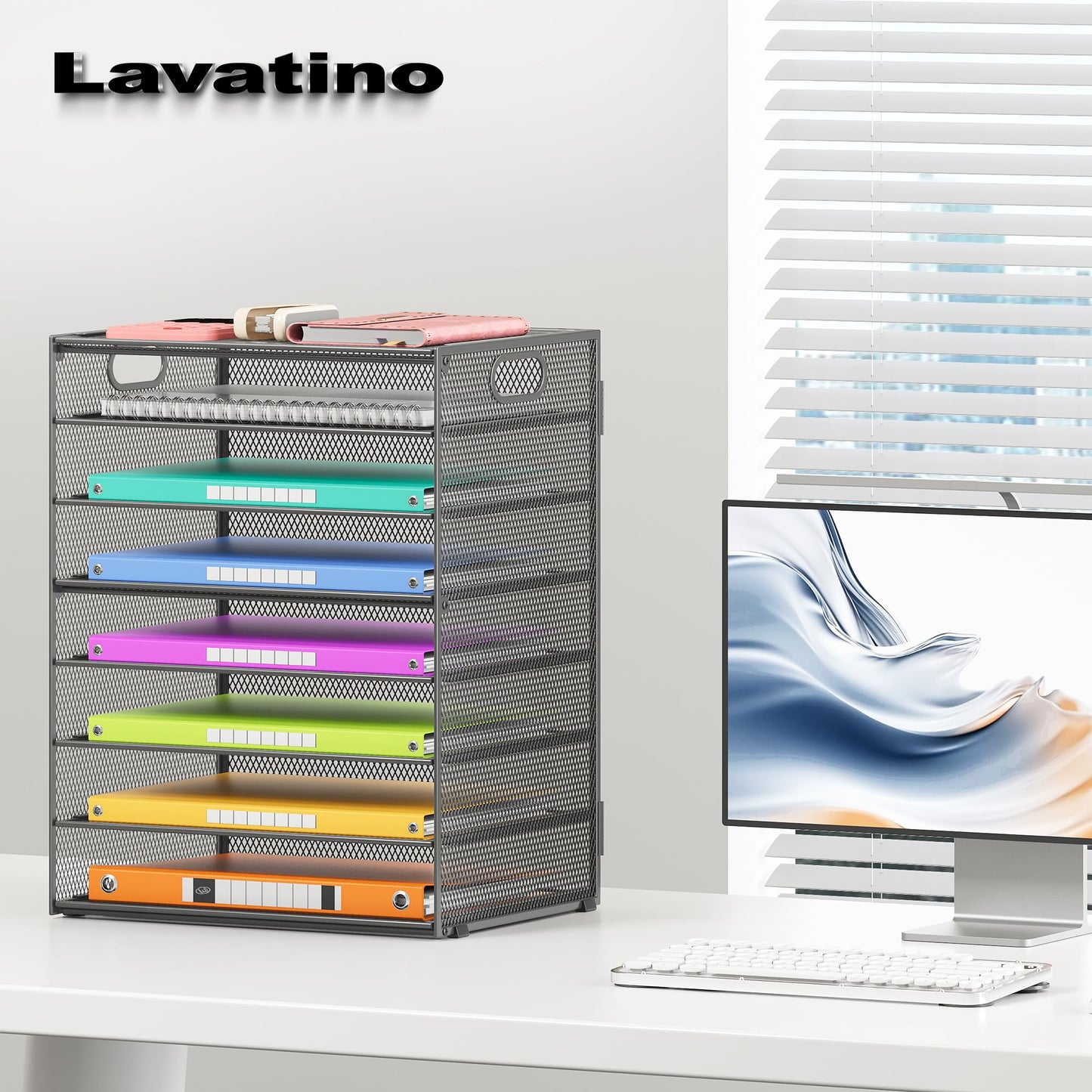 Lavatino 2 Pack 8-Tier Office Desk File Organizer, Letter Tray Paper Organizer with Handle, Including 5 Adjustable Slide Trays for Organizing Desk Workspace Accessories and Supplies (Grey Metal Mesh)