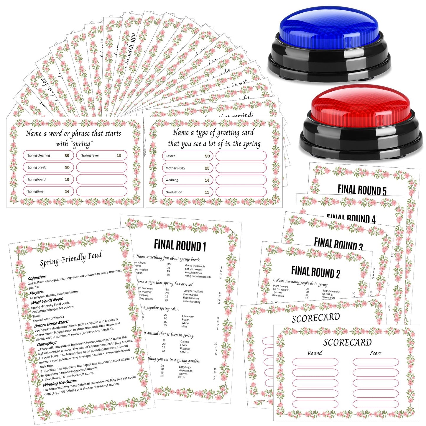 Humyoun Spring Friendly Feud Game with 2 Answer Buzzers, Floral Feud Cards for Family Game Night Fun Trivia Quiz for Party Office Class Groups Team Building