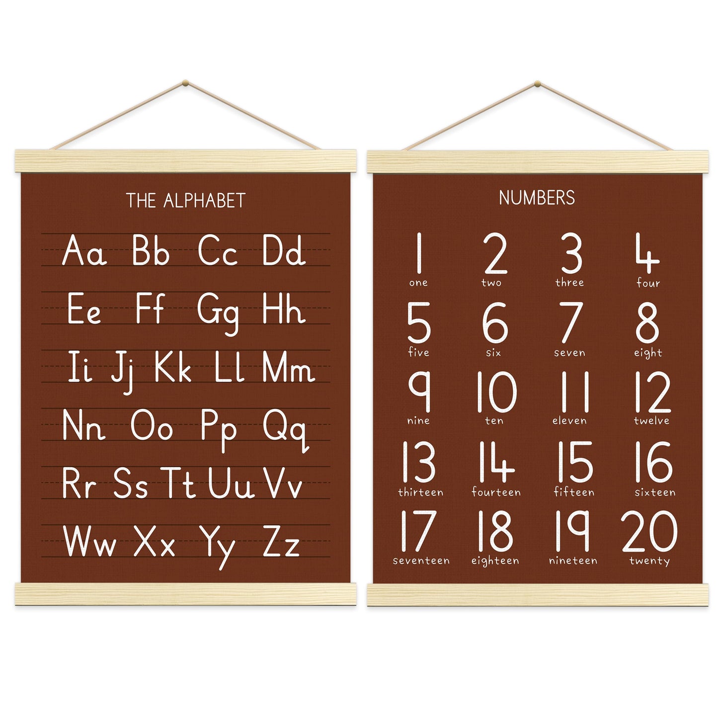 Numbers Alphabet Poster for Toddlers,Educational Wall Chart for Nursery Kids Learning, Homeschool & Playroom Decor and Bedroom for Wooden Hanger Frame Set of 2, 12x18 Inch - A05
