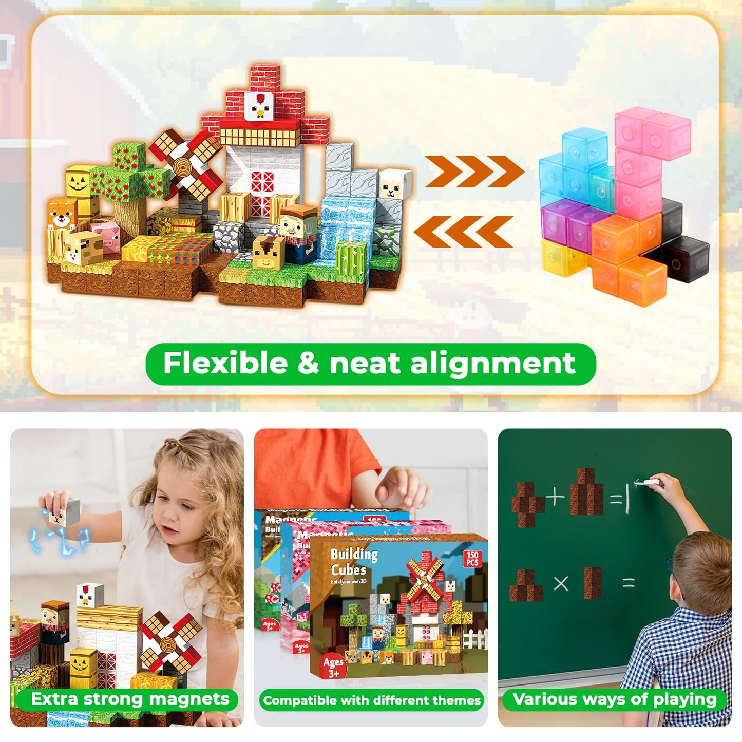 150 PCS Magnetic Blocks - Farm Animals Magnetic Building Blocks, Stacking Magnet Cubes for Kids, Magnetic Construction Toy for Boy Girl, STEM Montessori Sensory Toy for Ages 3-12 Birthday Gift