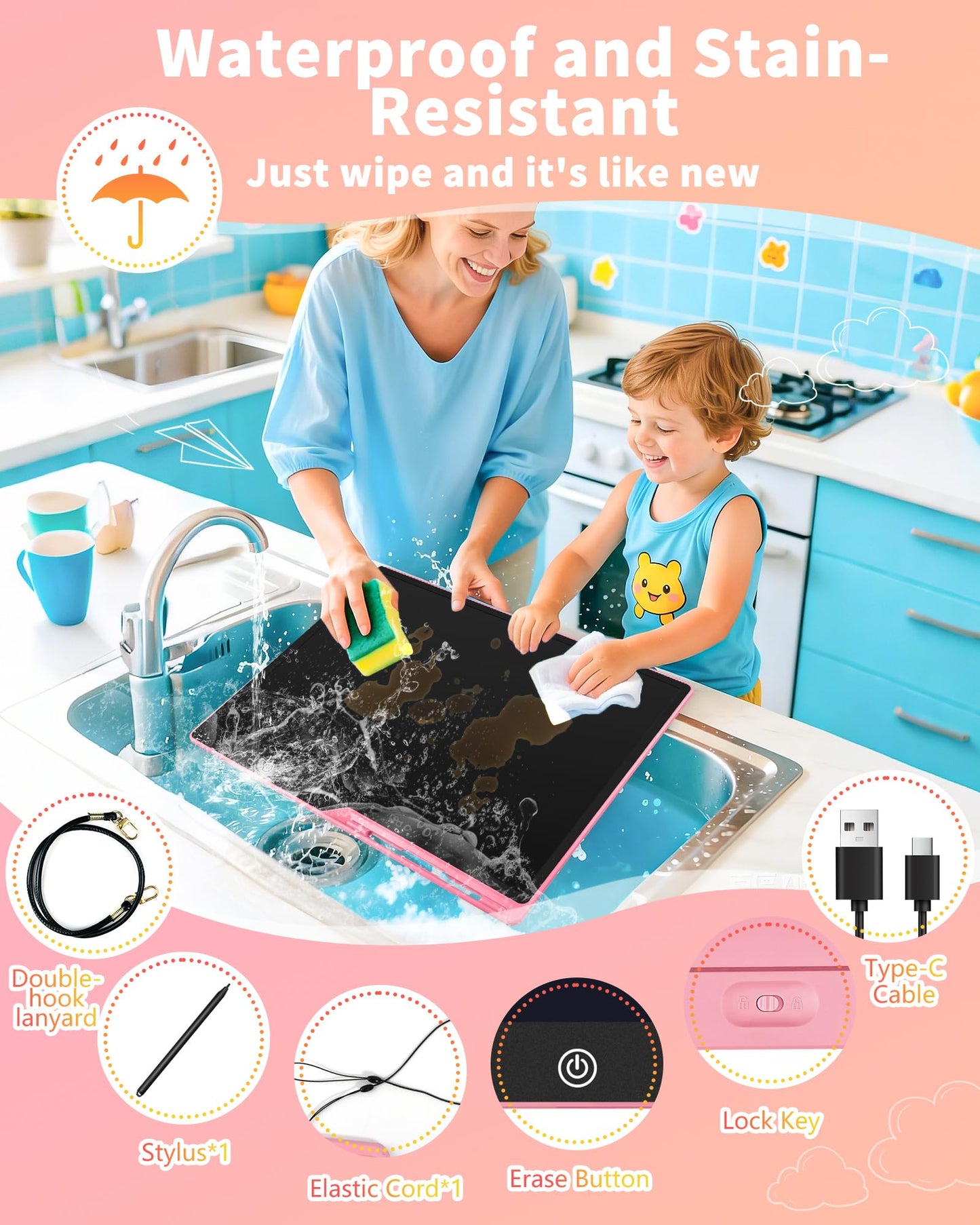 [Rechargeable] 20 Inch LCD Writing Tablet for Kids, Extra-Large Drawing Tablet for Adults, Educational & Learning Toys for Boys Girls Ages 8-12 Years Old, Drawing Board for Kids Birthday Gift (Pink)