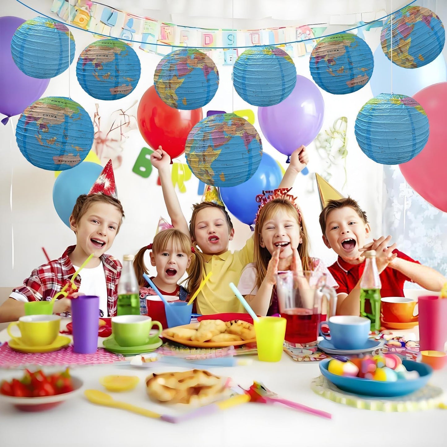 JIEFULL 16 Pcs 12 Inch Globe Paper Lanterns for Ceiling Hanging, Large Earth Lantern Around The World Map Decorations