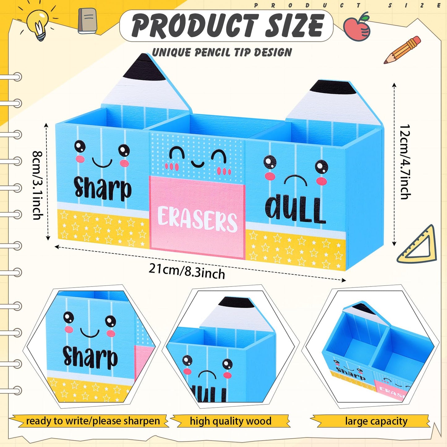 Eaasty Pencil Shaped and Sharp Dull Holder Eraser Wooden Dispenser Pencil Storage 3 Compartments for Back to School Teachers Classroom Organization(1 Pack,Blue Face)
