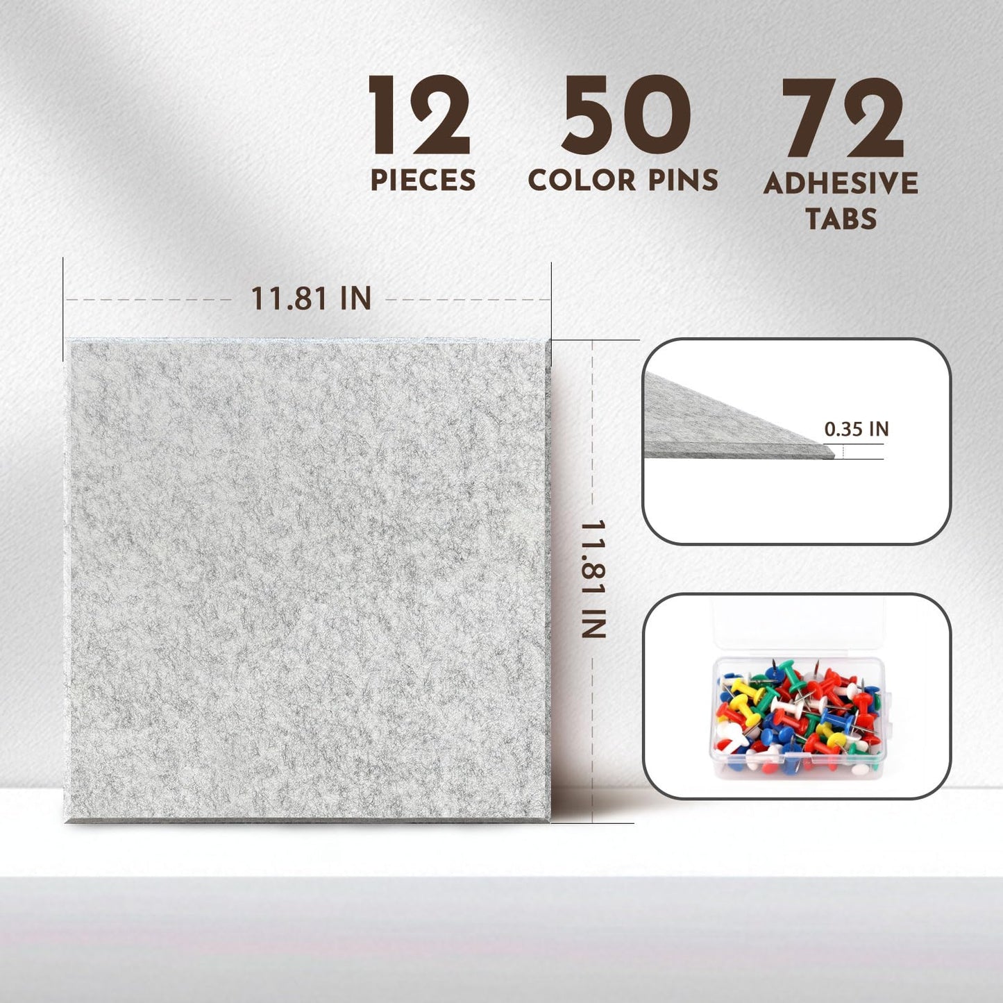 MISSDAY Light Grey Acoustic Wall Panel Large Felt Bulletin Board 48" x 36" Cork Board for Wall, 12-Pack Boards with 72 Adhesive Tabs, 50 Pins, Pin Board for Home Office Classroom Soundproof Wall Tile