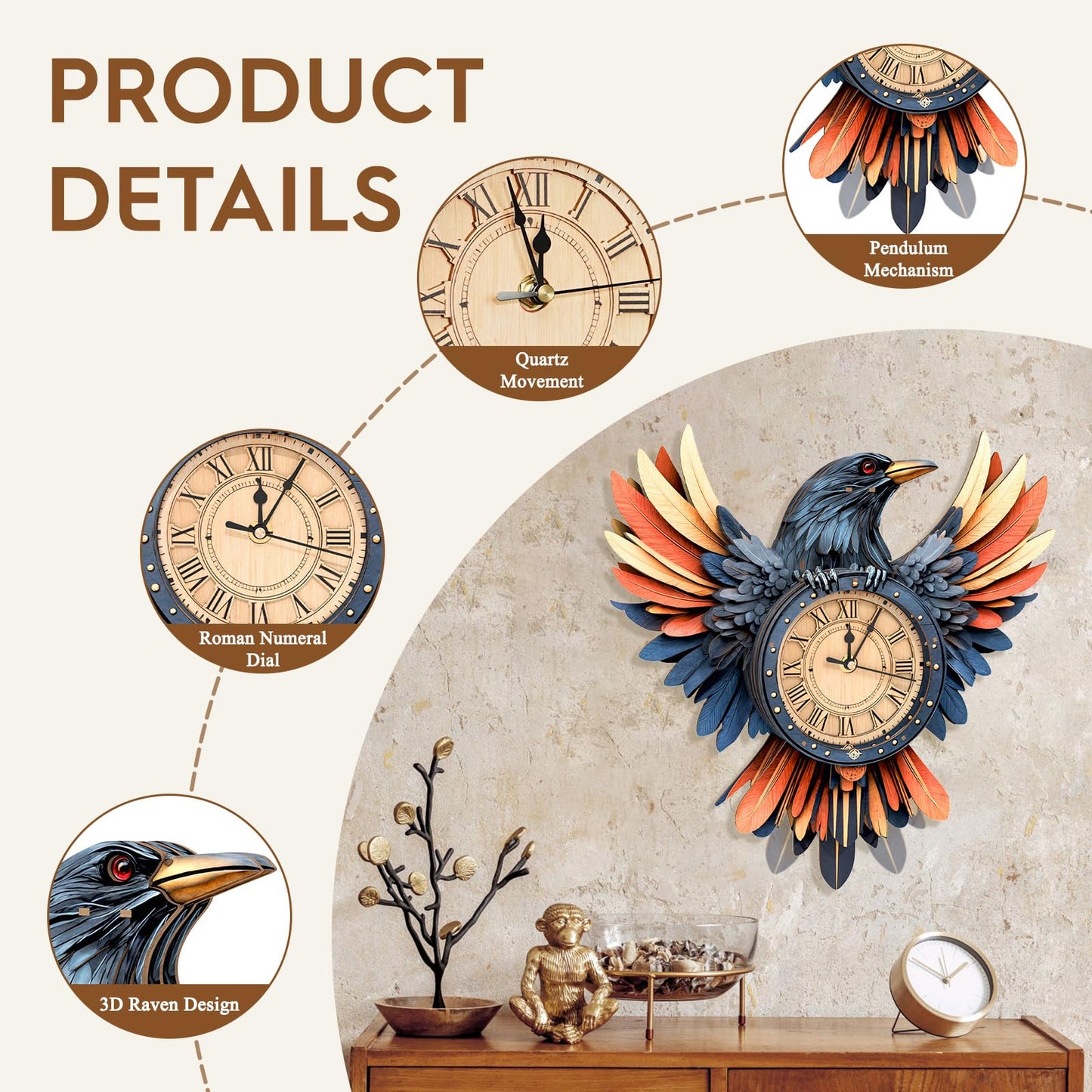 3D Puzzles for Adults Wooden Clock-Raven's Wing Model Kit, Mechanical DIY Pendulum Clock with Roman Numerals-Home Wall Decor, Birthday Christmas Day Gift for DIY Lovers