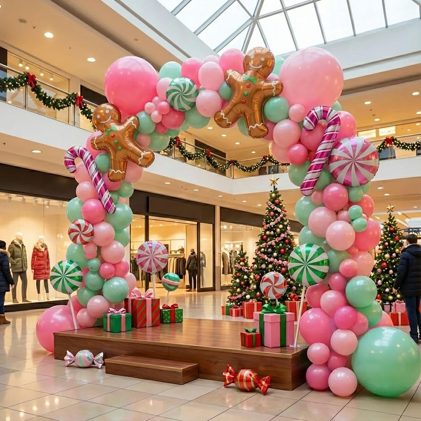 Christmas Balloon Garland Arch kit light magenta green pink balloon with Gingerbread Balloon Cane Candy Foil Balloons for Christmas Party Decorations Xmas New Year Birthday Party Supplies