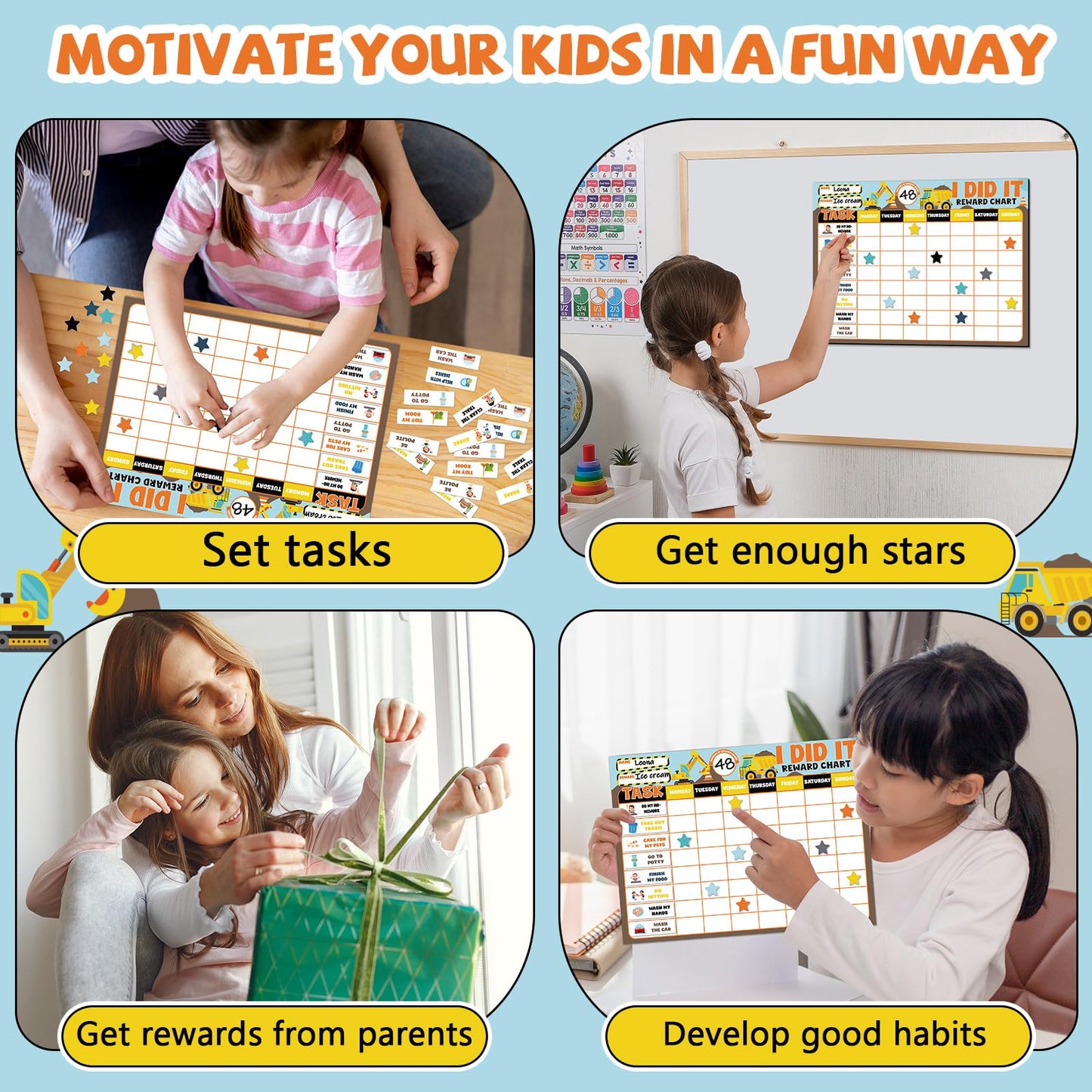 Magnetic Reward Chart for Kids at Home Construction Theme I Did It Motivate Behavior Reward Chart System Magnetic Behavior Tracker Incentive Chore Pad to Develop Responsibility and Good Habits