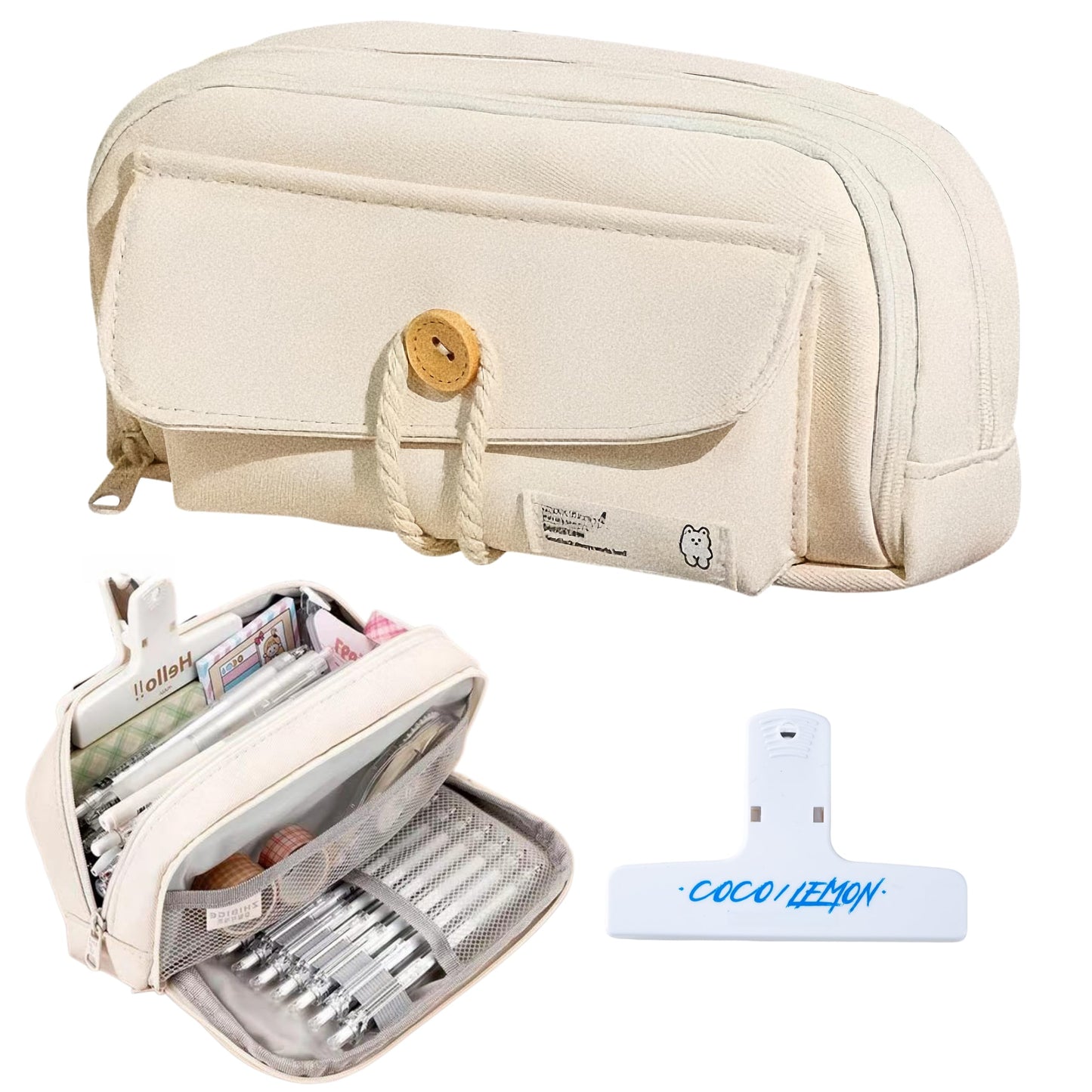 UIVXXUD Simple Style Cotton Rope Pencil Holder - Large Capacity Multi-layered Pencil Case Organizer, Aesthetic Minimalist Fabric Pen Pouch with Zipper, Durable Eco-Friendly Pen Pouch Bag (Beige)