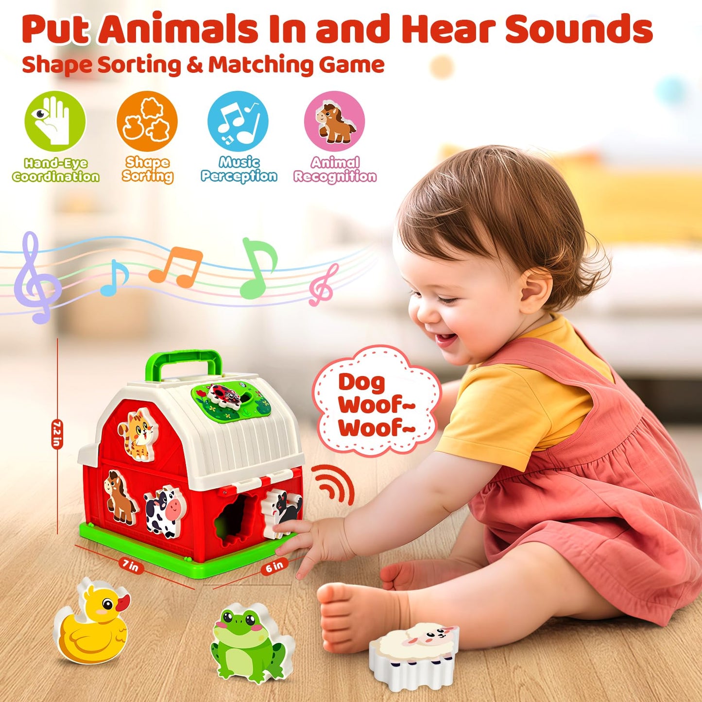 Montessori Toys for 1 2 3 Year Old Boys Girls, Musical Barn Farm Animal set for Toddler, Shape Sorting Educational Toy for Baby 12-18 Month, Learning Fine Motor Skills, Christmas Birthday Easter Gifts