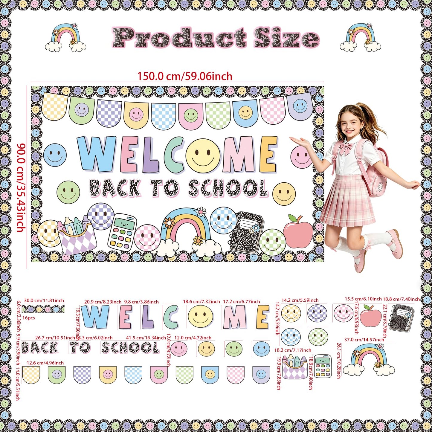 Welcome Back Bulletin Board Decorations Set with Borders Composition Notebook Smile Cutouts Decor for Teachers Back to School Bulletin Board for Class School Classroom Chalkboard Wall Decor