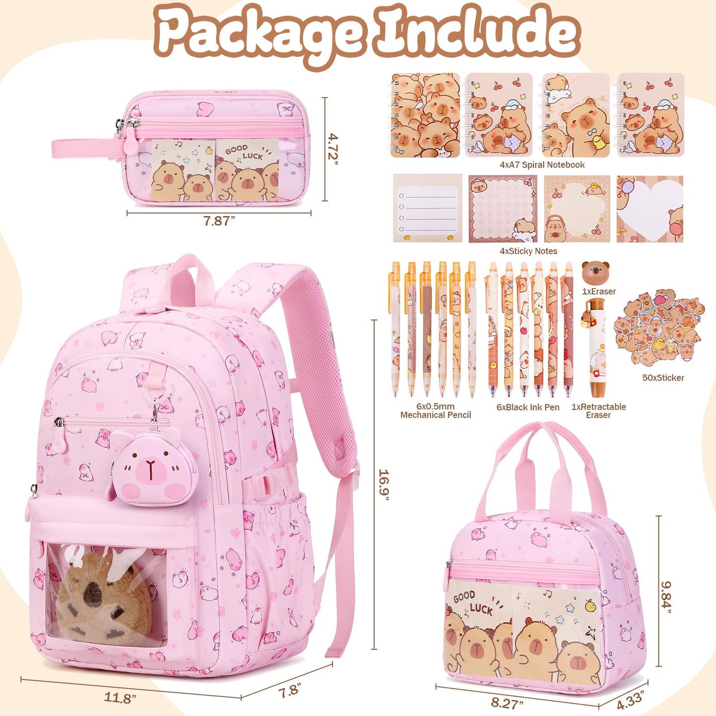 Similove Capybara Theme Backpack for School Girls, 35PCS Kids Backpack Set with School Supplies Stationery Kit Lunch Box Pencil Case, Cute Girls Bookbag for Kindergarten Elementary Student
