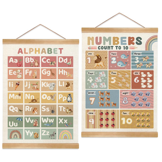 Alphabet and Numbers Educational Chart Set of 2 for Classroom Decor,Colorful Educational Poster for Toddlers 1-3,Toddler Learning Poster for Ages 3-5 for Nursery Playroom,Classroom Must Haves 14x18.5Inch(Colorful-01)