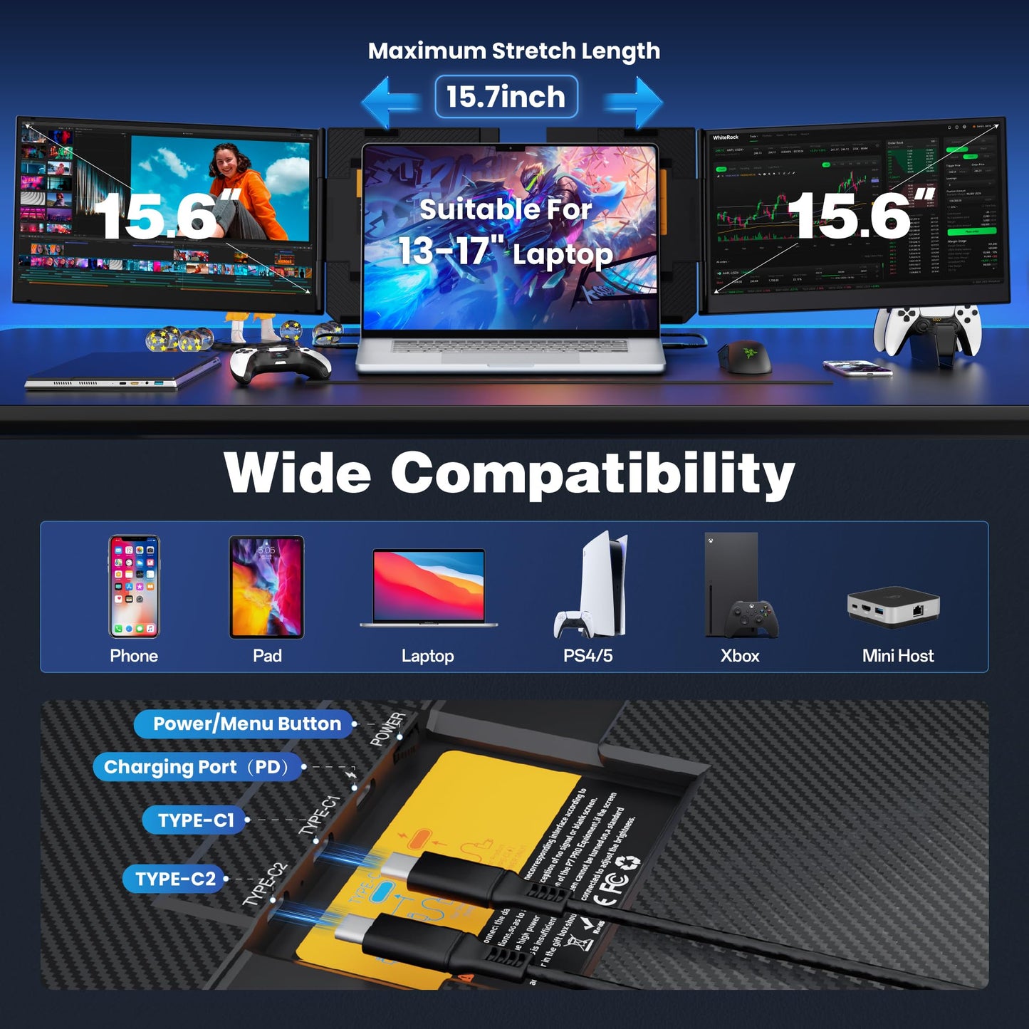 CIDETTY New Upgrad Laptop Screen Extender Monitor Portable, Ultra Light & Thin Triple Portable Monitor for Laptop 1080P FHD IPS Display for 13-17" Laptop, Plug & Play Compatiable with Win/Mac/Chrome