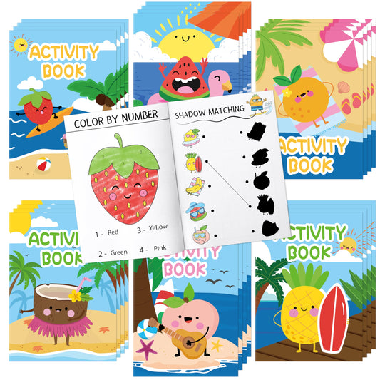 X1zuue Summer Activity Books for Kids - 24Pcs Coloring Fruits Books Set Bulk Summer Tropical Search Mazes Word Scramble Games Mini Books for Party Goodie Bags Stuffers School Classroom Favors
