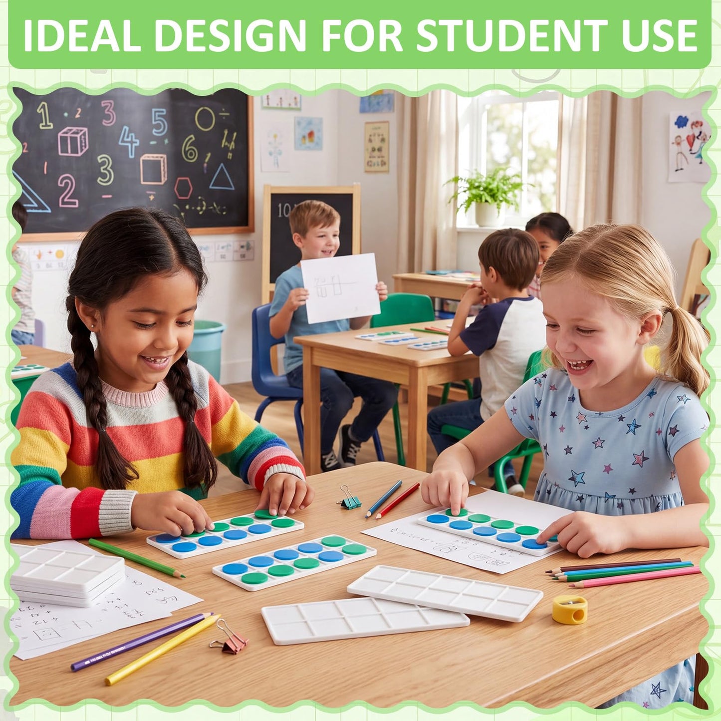 Soulchen 48 Sets Plastic Ten Frames for Classroom Math Manipulatives for Kids Classroom Math Counters Supplies Including 48 Plastic Ten Frames, 480 Counters for Teach Number Concepts (Blue, Green)