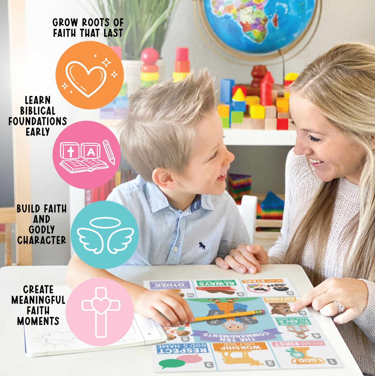 Hadley Designs Sunday School Decorations for Classroom –9 Bible Posters for Kids, Books of the Bible, 10 Commandments, Bible Timeline Chart, Fruits of the Spirit, Pastel Christian Classroom Decor