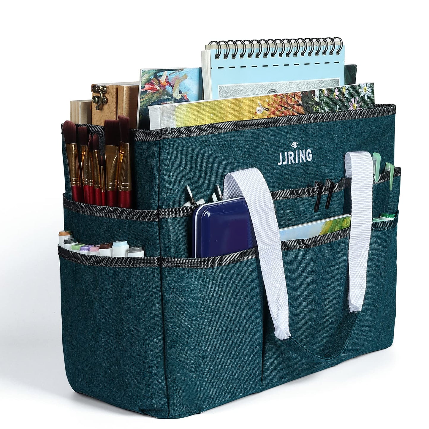 JJRING Craft Organizer Tote Bag, Large Art Storage Caddy with Multiple Pockets, Bluish Green Sewing Bag for Art, Craft, Scrapbooking, School, Medical, and Office Supplies Storage