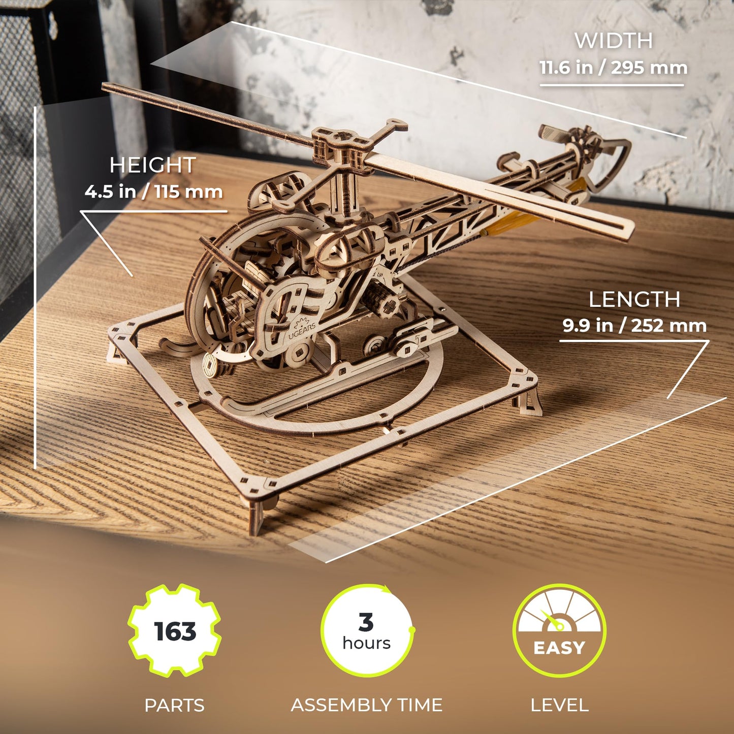 UGEARS Wooden 3D Puzzles for Adults - Easy Mini Helicopter Model Kit – Experience Aerial Innovation with Mechanical Puzzles DIY Kits for Adults - Ideal for Hobbyists, Aviation Enthusiasts - 167 Pcs
