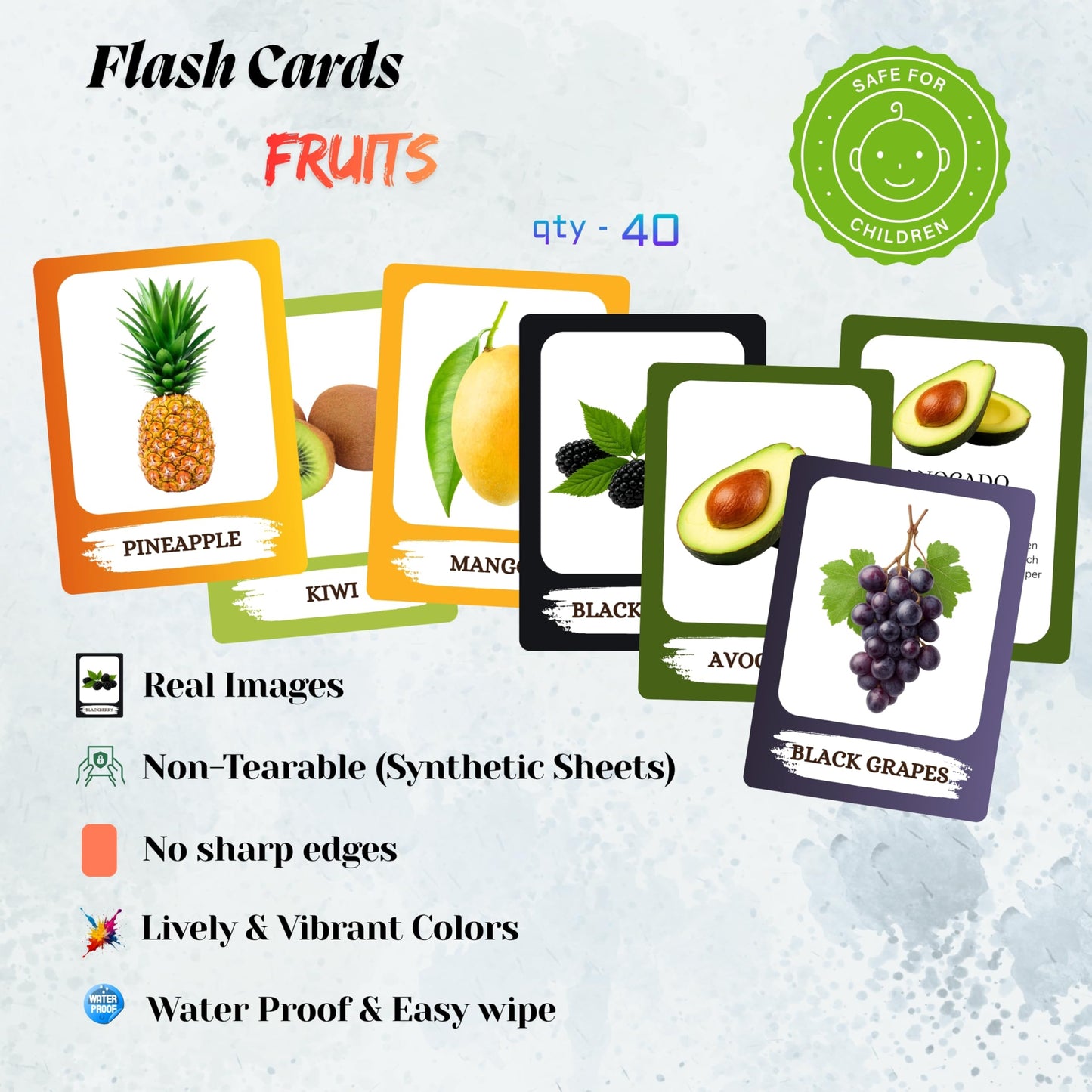 The Biblio Hub Fruits Flashcards – Non-Tearable Synthetic Learning Cards for Toddlers, Preschool & Kindergarten, Double-Sided Set