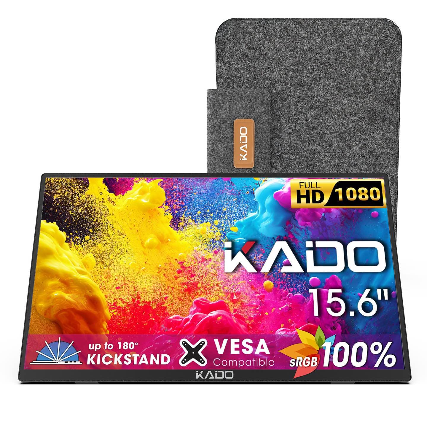 Kado Portable Monitor 15.6'' 1080p, 100% sRGB USB-C HDMI Gaming Monitor Ultra-Slim Display Built-in Speakers, External Monitor 180° Kickstand Wall/Arm Mount for Laptop PC Phone Mac Xbox PS4/PS5 Switch