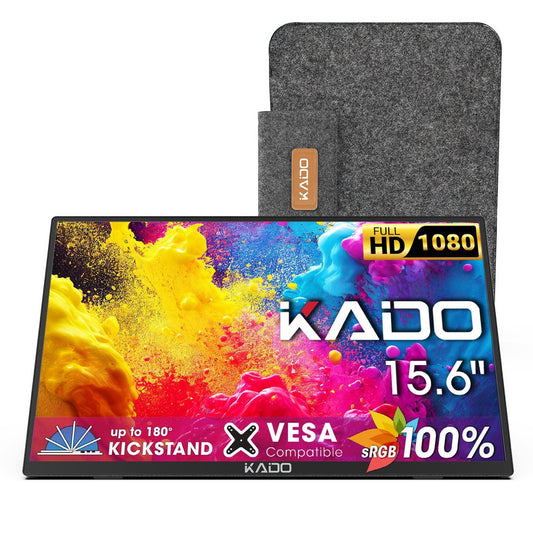 Kado Portable Monitor 15.6'' 1080p, 100% sRGB USB-C HDMI Gaming Monitor Ultra-Slim Display Built-in Speakers, External Monitor 180° Kickstand Wall/Arm Mount for Laptop PC Phone Mac Xbox PS4/PS5 Switch