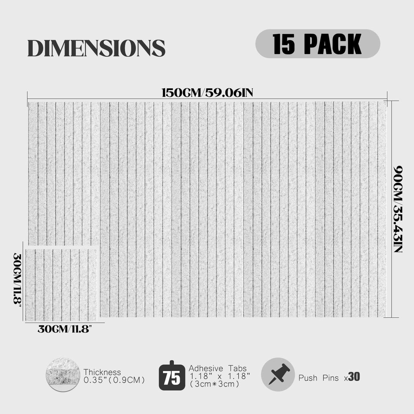 59 x 36 Felt Bulletin Board Tiles - 15 Pack 150g High-Density Sound Absorbing Panels, Slat Wall Cork Board Alternative for Office & Home, Includes 30 Pushpins & 75 Adhesive Tabs, Light Gray