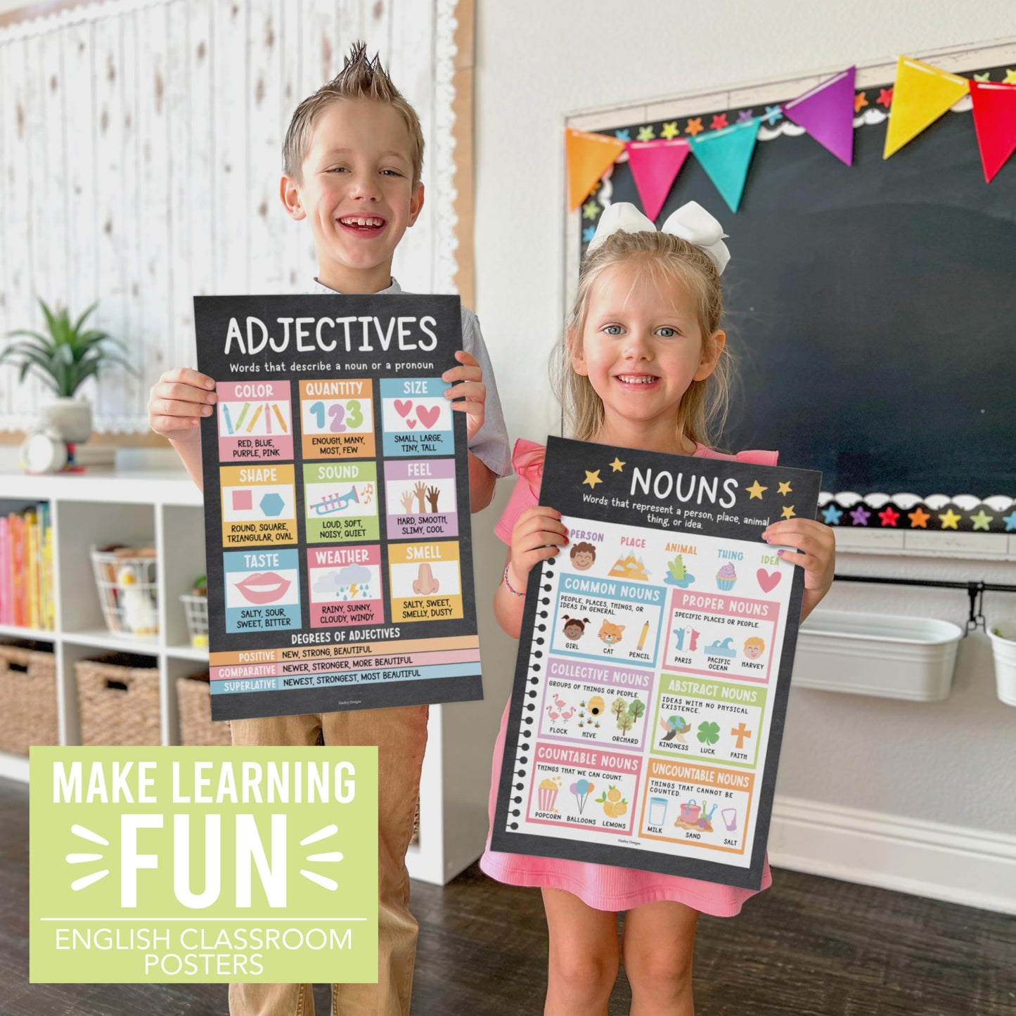 Parts of Speech Posters for Classroom Must Haves -12 English Grammar Posters, Writing Process Language Arts for Homeschool,Elementary & Middle School,ELA 3rd 4th & 5th Grade Chalkboard Classroom Decor