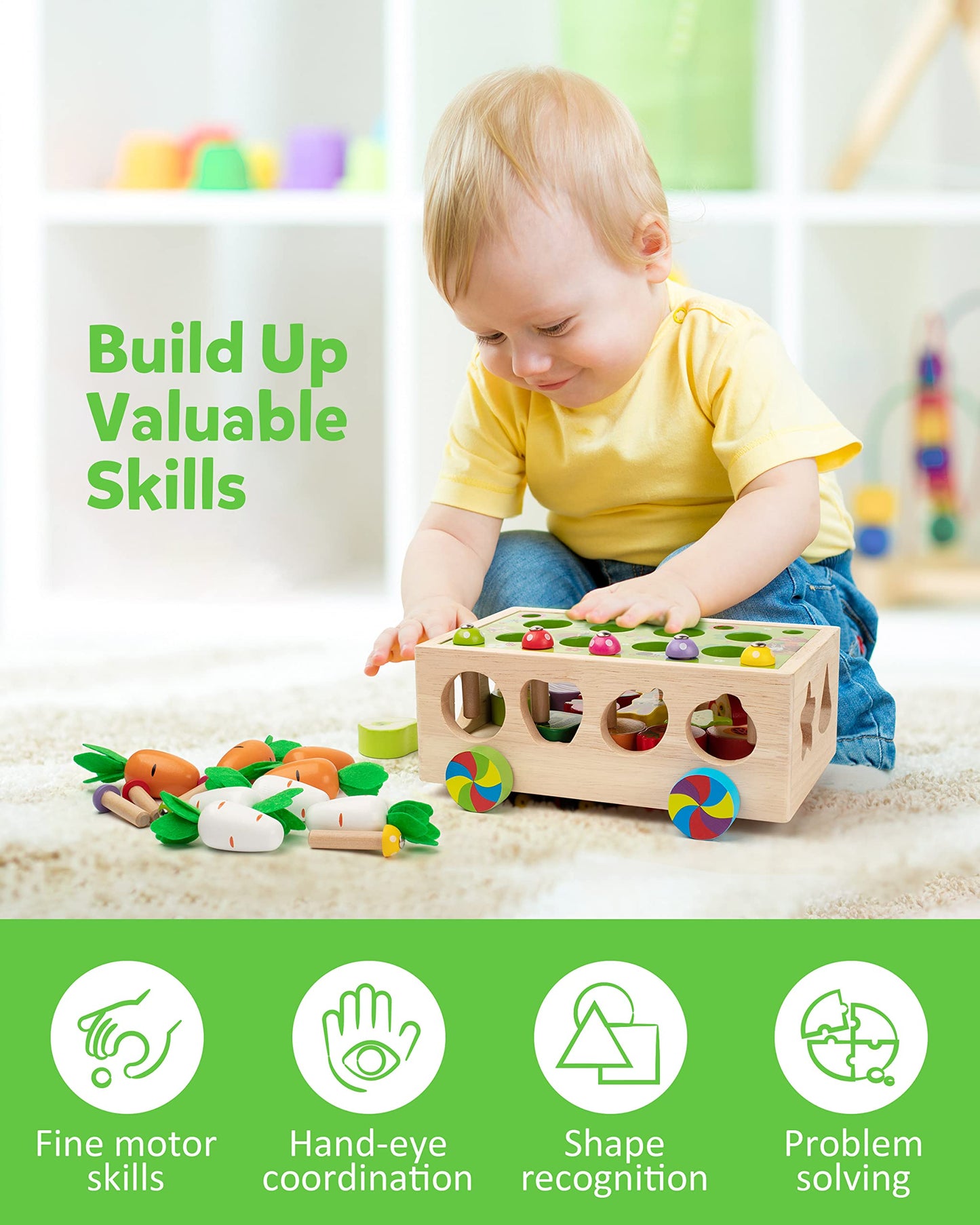 Coogam Montessori Fine Motor Toys for Baby Toddler, Wooden Shape Sorter Carrot Harvest Game for Easter Basket Stuffer, Preschool Learning Educational Gift Toy for 3 4 5 Year Old