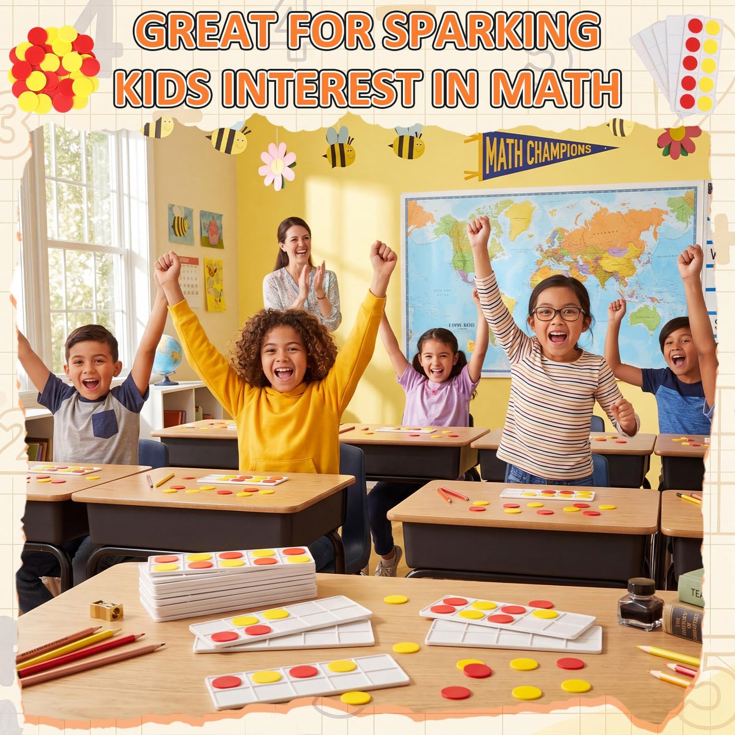 Soulchen 12 Sets Plastic Ten Frames for Classroom Math Manipulatives for Kids Classroom Math Counters Supplies Including 12 Plastic Ten Frames, 120 Counters for Teach Number Concepts (Red, Yellow)
