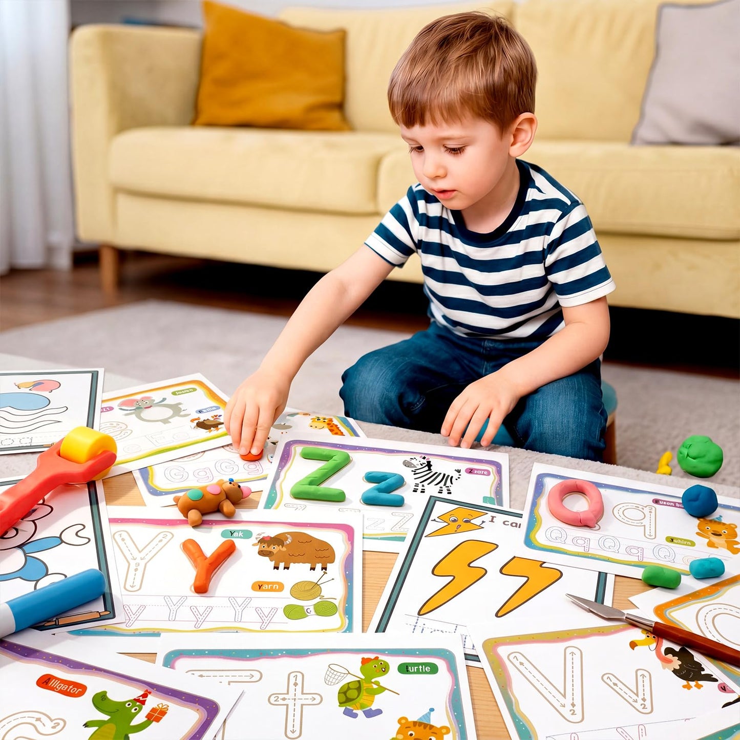 Ireer 36 Pcs Alphabet & Weather PlayClay Mats for Kids Activity Card for Clay Preschool Number Alphabet Animal Shape Learning Activity Games for Classroom Home Educational Supplies