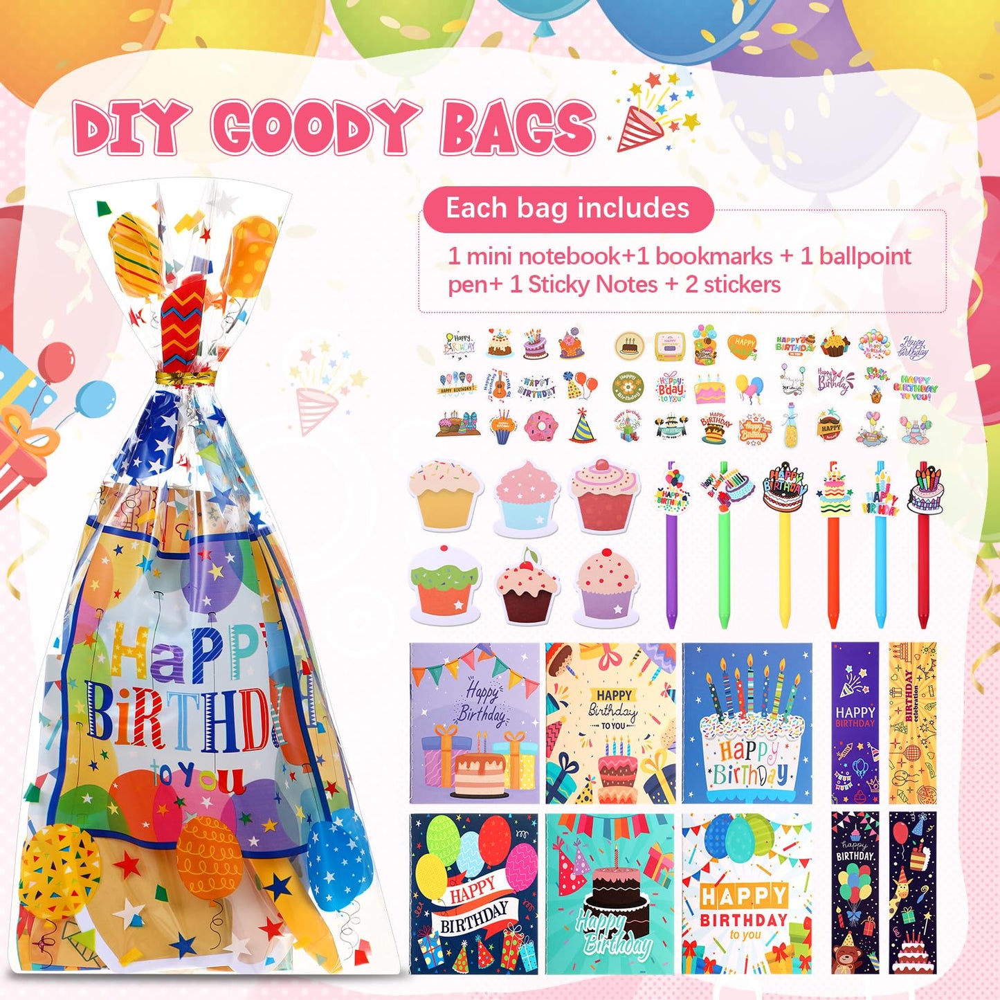 Saypacck 194 Pcs Birthday Return Gifts Birthday Classroom Stationery Party Favors Includes Notebook Ballpoint Pen Bookmark Sticky Notes Goodie Bag Stuffers Gifts School Student Rewards Prize