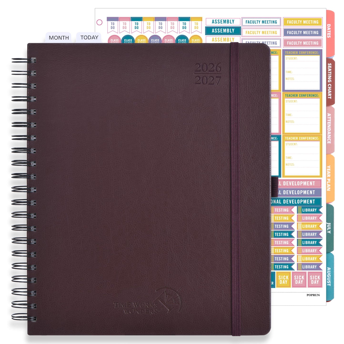 POPRUN Teacher Lesson Planner 2026-2027, (Letter Size - 8.5'' x 11'') Academic Planner July 2026 - June 2027 with Gradebook & Color Monthly Tabs, Thick Paper, 2-Sided Pocket, Leather Cover, Brown