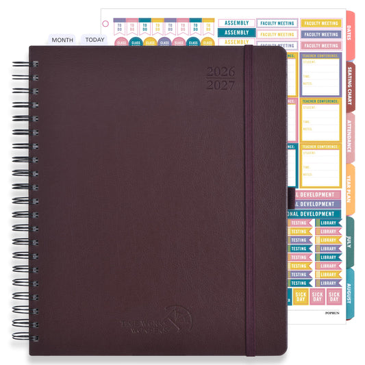POPRUN Teacher Lesson Planner 2026-2027, (Letter Size - 8.5'' x 11'') Academic Planner July 2026 - June 2027 with Gradebook & Color Monthly Tabs, Thick Paper, 2-Sided Pocket, Leather Cover, Brown