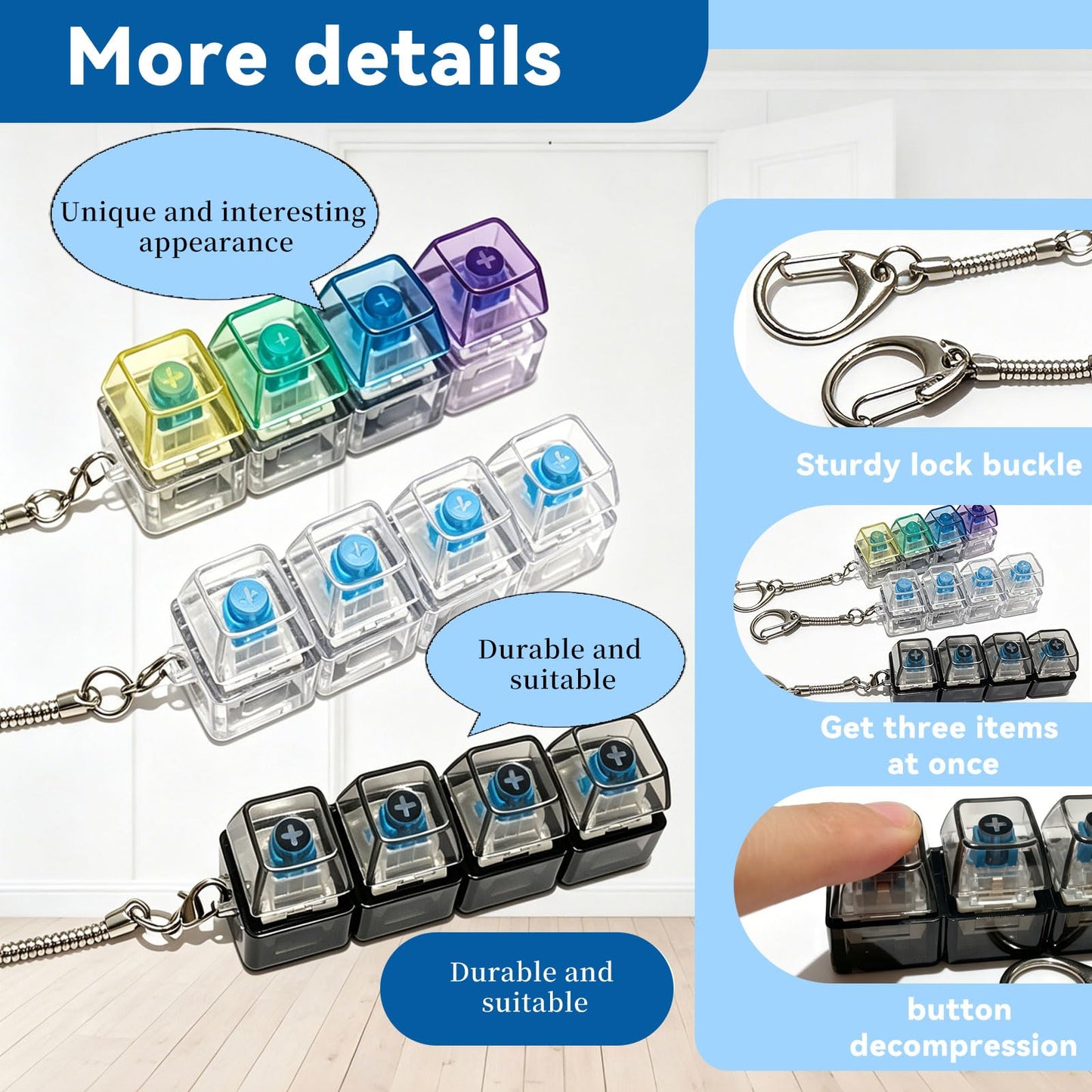 3 PCS Keyboard Fidget Toy, Keyboard Fidget Keychain 4-in-1 Keyboard Decompression Button Finger Clicker Toys, Boost Focus & Calm Anxiety at Work, Travel – Ideal Stress-Relief Gift（No Lights）