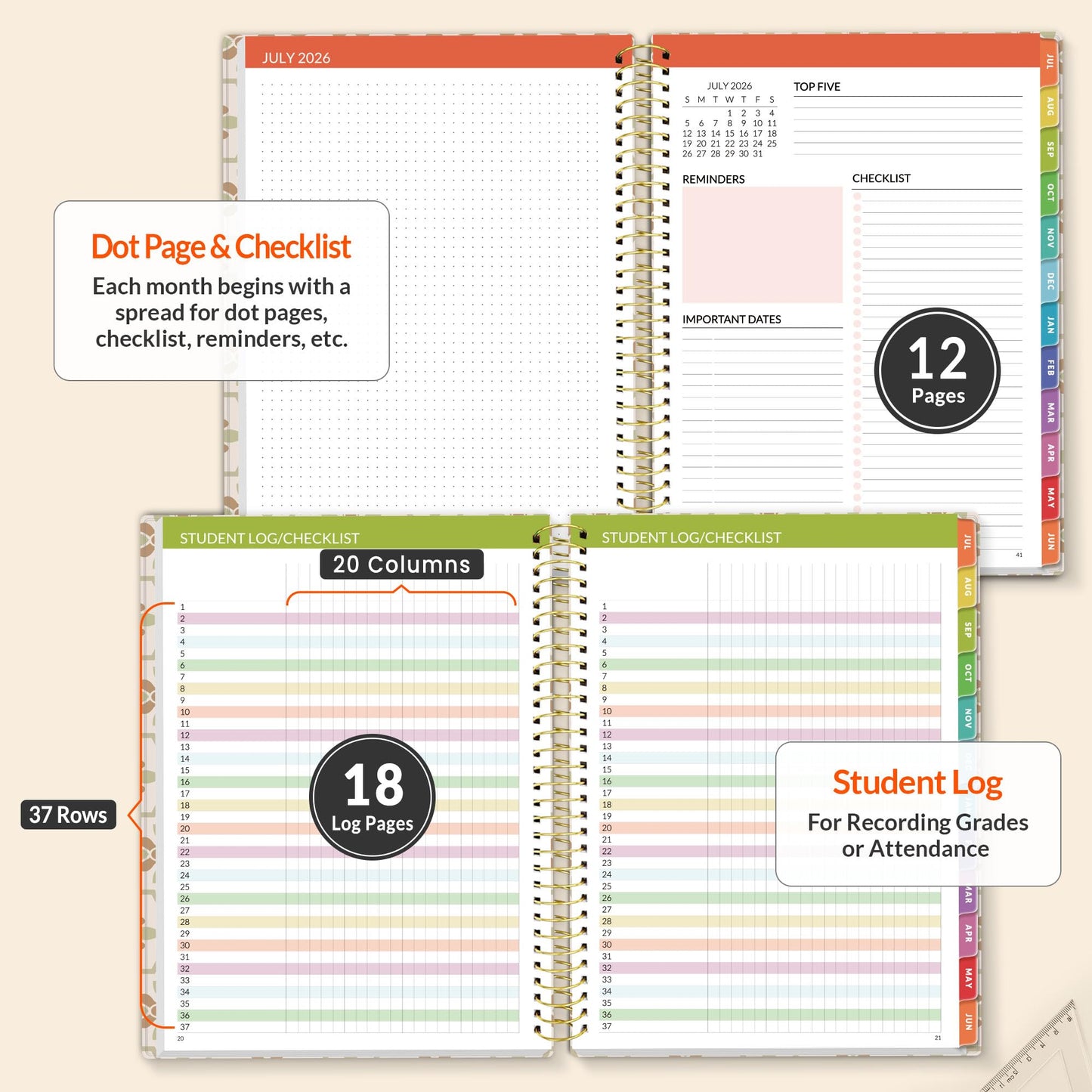 SUNEE Deluxe Teacher Planner 2026-2027, Lesson Planner Book with 7 Periods Jul 2026 - Jun 2027, 8.5" x 11" Weekly and Monthly Organizers with Colorful Tabs, Planning Stickers,120gms Paper,Retro Floral