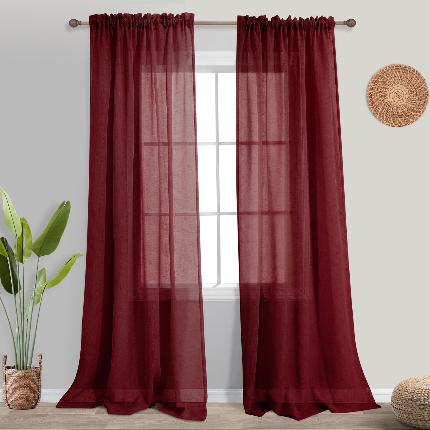 KOUFALL Burgundy Red Curtains 96 Inches Long for Living Room 2 Panel Set Linen Semi Privavy Light Filtering Sheer Drapes for Bedroom 96 Inches Long Dark Wine